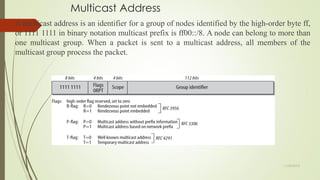 Multicast Address
 A multicast address is an identifier for a group of nodes identified by the high-order byte ff,
or 1111 1111 in binary notation multicast prefix is ff00::/8. A node can belong to more than
one multicast group. When a packet is sent to a multicast address, all members of the
multicast group process the packet.
11/25/2015
 