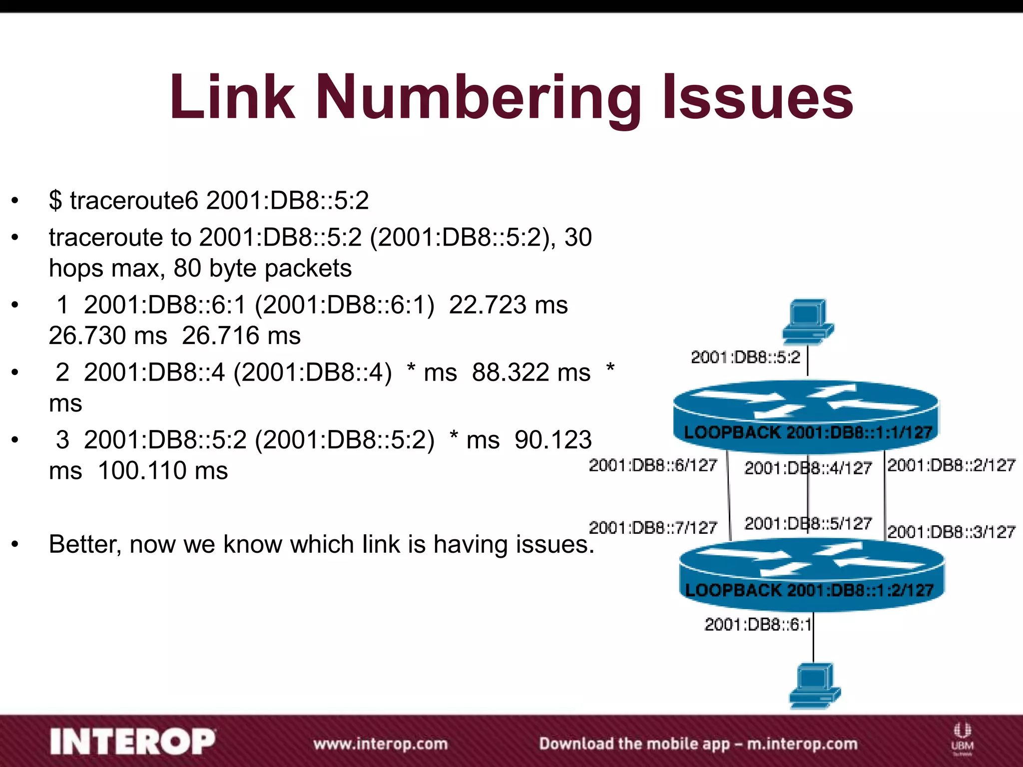 Link Numbering Issues
• $ traceroute6 2001:DB8::5:2
• traceroute to 2001:DB8::5:2 (2001:DB8::5:2), 30
hops max, 80 byte packets
• 1 2001:DB8::6:1 (2001:DB8::6:1) 22.723 ms
26.730 ms 26.716 ms
• 2 2001:DB8::4 (2001:DB8::4) * ms 88.322 ms *
ms
• 3 2001:DB8::5:2 (2001:DB8::5:2) * ms 90.123
ms 100.110 ms
• Better, now we know which link is having issues.
 