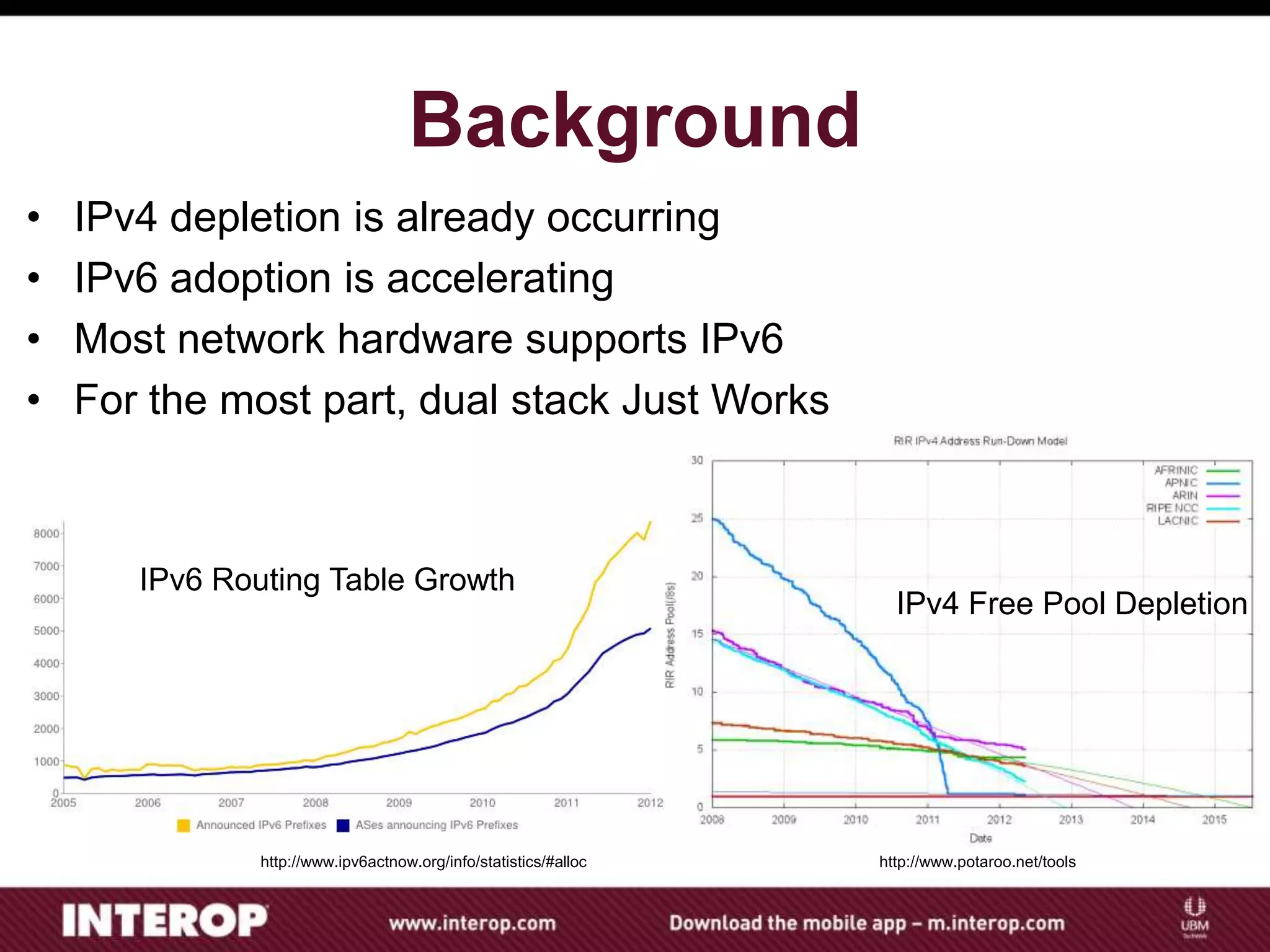 Background
• IPv4 depletion is already occurring
• IPv6 adoption is accelerating
• Most network hardware supports IPv6
• For the most part, dual stack Just Works
http://www.potaroo.net/tools
IPv4 Free Pool Depletion
http://www.ipv6actnow.org/info/statistics/#alloc
IPv6 Routing Table Growth
 