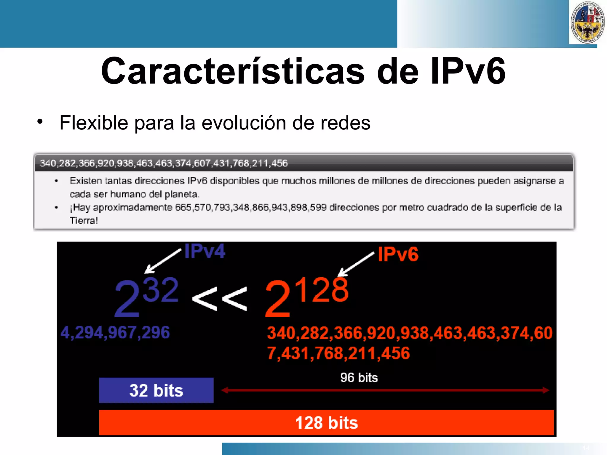 14
Características de IPv6
• Flexible para la evolución de redes
 