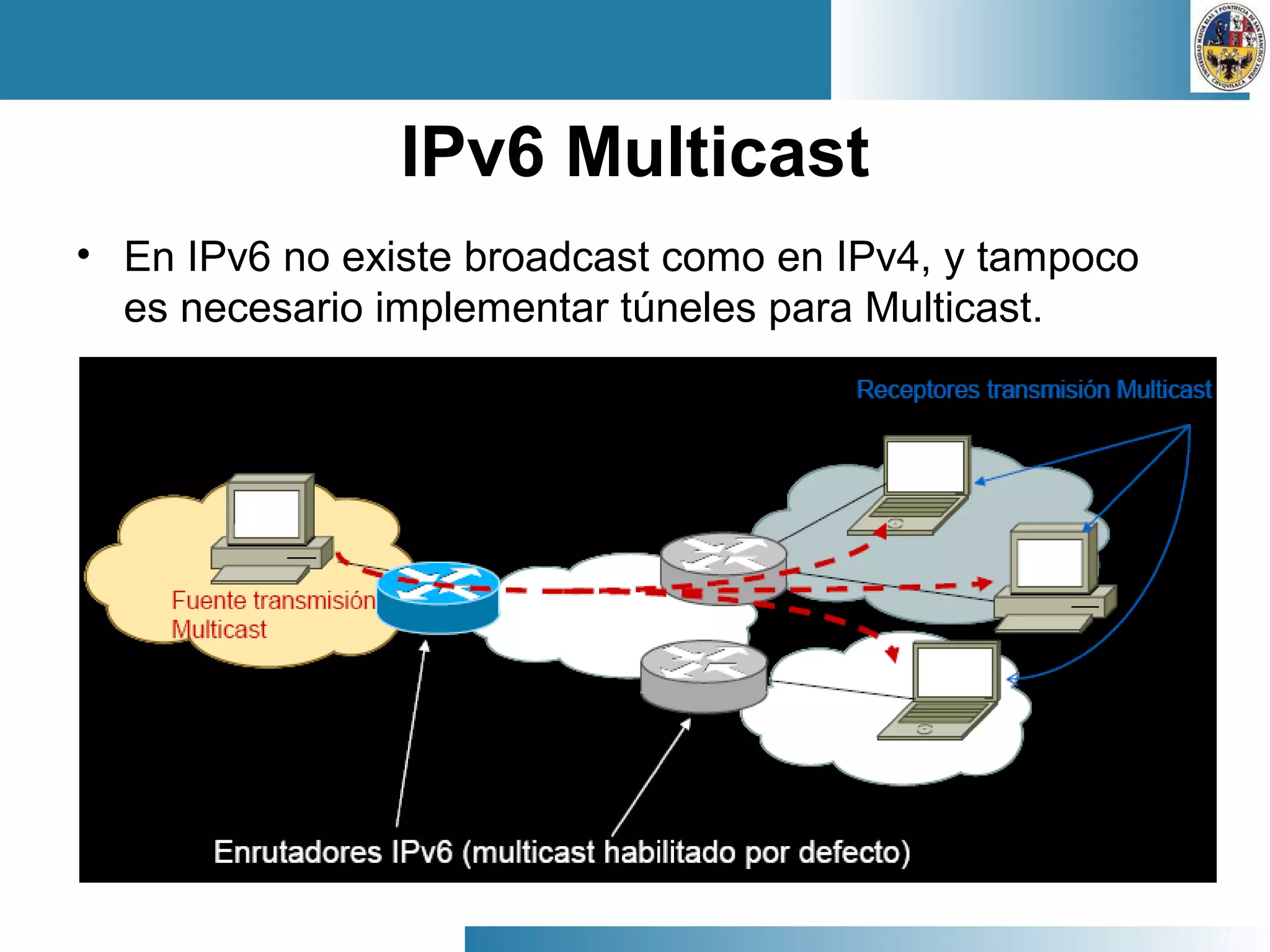 22
IPv6 Multicast
• En IPv6 no existe broadcast como en IPv4, y tampoco
es necesario implementar túneles para Multicast.
 