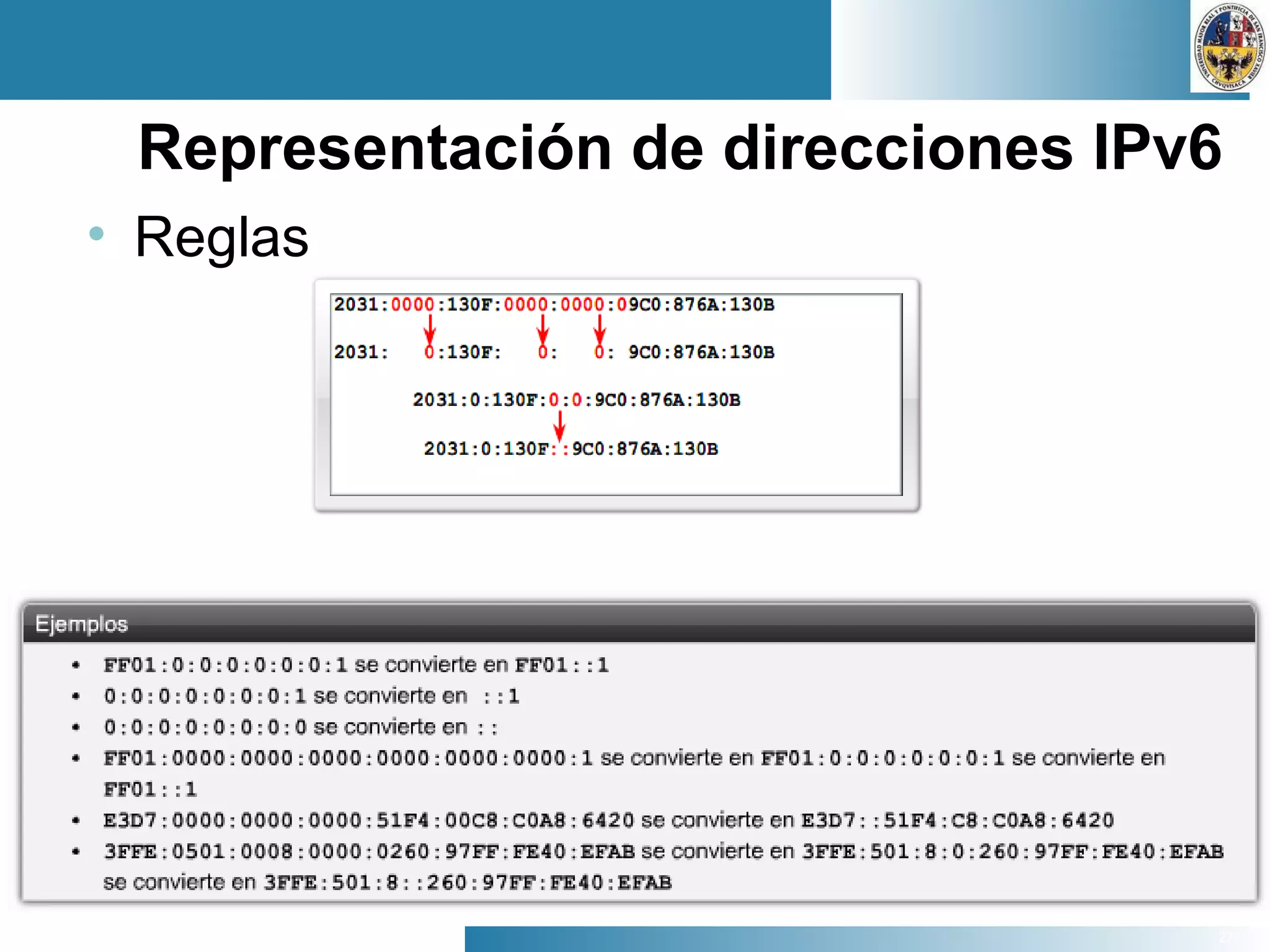 27
Representación de direcciones IPv6
• Reglas
 