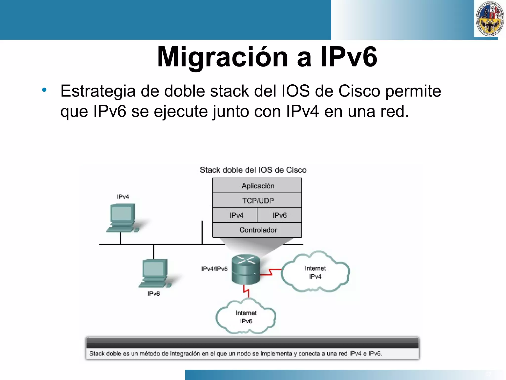 67
Migración a IPv6
• Estrategia de doble stack del IOS de Cisco permite
que IPv6 se ejecute junto con IPv4 en una red.
 