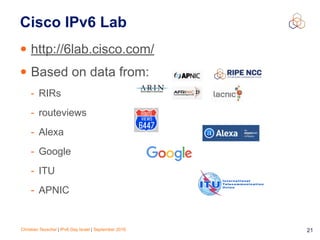 Christian Teuschel | IPv6 Day Israel | September 2016 21
Cisco IPv6 Lab
• http://6lab.cisco.com/
• Based on data from:
- RIRs
- routeviews
- Alexa
- Google
- ITU
- APNIC
 