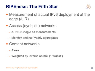 Christian Teuschel | IPv6 Day Israel | September 2016
• Measurement of actual IPv6 deployment at the
edge (/LIR)
• Access (eyeballs) networks
- APNIC Google ad measurements
- Monthly and half-yearly aggregates
• Content networks
- Alexa
- Weighted by inverse of rank (1/<rank>)
30
RIPEness: The Fifth Star
 