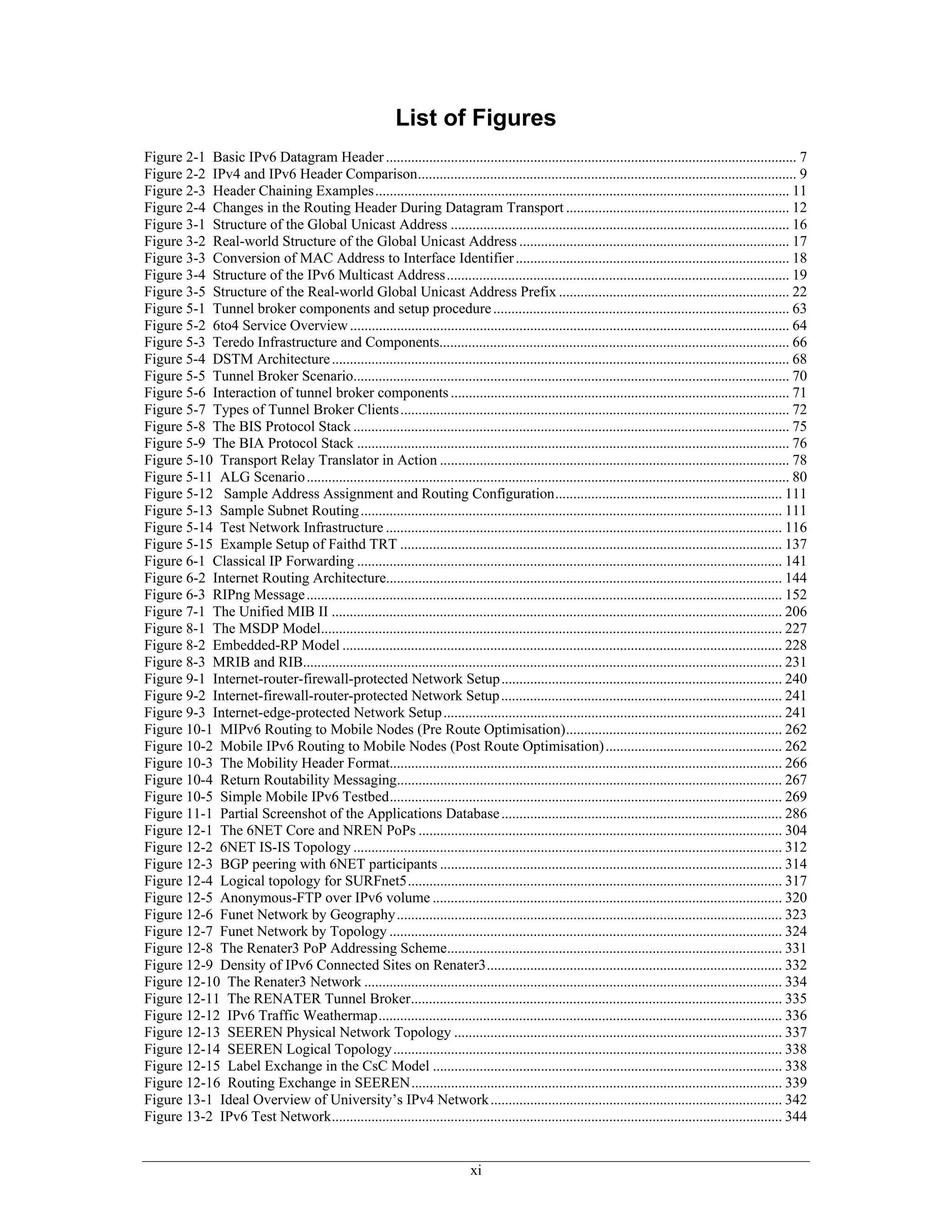 List of Figures
Figure 2-1 Basic IPv6 Datagram Header .................................................................................................................. 7
Figure 2-2 IPv4 and IPv6 Header Comparison......................................................................................................... 9
Figure 2-3 Header Chaining Examples................................................................................................................... 11
Figure 2-4 Changes in the Routing Header During Datagram Transport .............................................................. 12
Figure 3-1 Structure of the Global Unicast Address .............................................................................................. 16
Figure 3-2 Real-world Structure of the Global Unicast Address ........................................................................... 17
Figure 3-3 Conversion of MAC Address to Interface Identifier ............................................................................ 18
Figure 3-4 Structure of the IPv6 Multicast Address............................................................................................... 19
Figure 3-5 Structure of the Real-world Global Unicast Address Prefix ................................................................ 22
Figure 5-1 Tunnel broker components and setup procedure .................................................................................. 63
Figure 5-2 6to4 Service Overview .......................................................................................................................... 64
Figure 5-3 Teredo Infrastructure and Components................................................................................................. 66
Figure 5-4 DSTM Architecture ............................................................................................................................... 68
Figure 5-5 Tunnel Broker Scenario......................................................................................................................... 70
Figure 5-6 Interaction of tunnel broker components .............................................................................................. 71
Figure 5-7 Types of Tunnel Broker Clients............................................................................................................ 72
Figure 5-8 The BIS Protocol Stack ......................................................................................................................... 75
Figure 5-9 The BIA Protocol Stack ........................................................................................................................ 76
Figure 5-10 Transport Relay Translator in Action ................................................................................................. 78
Figure 5-11 ALG Scenario ...................................................................................................................................... 80
Figure 5-12 Sample Address Assignment and Routing Configuration............................................................... 111
Figure 5-13 Sample Subnet Routing ..................................................................................................................... 111
Figure 5-14 Test Network Infrastructure .............................................................................................................. 116
Figure 5-15 Example Setup of Faithd TRT .......................................................................................................... 137
Figure 6-1 Classical IP Forwarding ...................................................................................................................... 141
Figure 6-2 Internet Routing Architecture.............................................................................................................. 144
Figure 6-3 RIPng Message .................................................................................................................................... 152
Figure 7-1 The Unified MIB II ............................................................................................................................. 206
Figure 8-1 The MSDP Model................................................................................................................................ 227
Figure 8-2 Embedded-RP Model .......................................................................................................................... 228
Figure 8-3 MRIB and RIB..................................................................................................................................... 231
Figure 9-1 Internet-router-firewall-protected Network Setup .............................................................................. 240
Figure 9-2 Internet-firewall-router-protected Network Setup .............................................................................. 241
Figure 9-3 Internet-edge-protected Network Setup .............................................................................................. 241
Figure 10-1 MIPv6 Routing to Mobile Nodes (Pre Route Optimisation)............................................................ 262
Figure 10-2 Mobile IPv6 Routing to Mobile Nodes (Post Route Optimisation) ................................................. 262
Figure 10-3 The Mobility Header Format............................................................................................................. 266
Figure 10-4 Return Routability Messaging........................................................................................................... 267
Figure 10-5 Simple Mobile IPv6 Testbed............................................................................................................. 269
Figure 11-1 Partial Screenshot of the Applications Database .............................................................................. 286
Figure 12-1 The 6NET Core and NREN PoPs ..................................................................................................... 304
Figure 12-2 6NET IS-IS Topology ....................................................................................................................... 312
Figure 12-3 BGP peering with 6NET participants ............................................................................................... 314
Figure 12-4 Logical topology for SURFnet5........................................................................................................ 317
Figure 12-5 Anonymous-FTP over IPv6 volume ................................................................................................. 320
Figure 12-6 Funet Network by Geography........................................................................................................... 323
Figure 12-7 Funet Network by Topology ............................................................................................................. 324
Figure 12-8 The Renater3 PoP Addressing Scheme............................................................................................. 331
Figure 12-9 Density of IPv6 Connected Sites on Renater3.................................................................................. 332
Figure 12-10 The Renater3 Network .................................................................................................................... 334
Figure 12-11 The RENATER Tunnel Broker....................................................................................................... 335
Figure 12-12 IPv6 Traffic Weathermap................................................................................................................ 336
Figure 12-13 SEEREN Physical Network Topology ........................................................................................... 337
Figure 12-14 SEEREN Logical Topology............................................................................................................ 338
Figure 12-15 Label Exchange in the CsC Model ................................................................................................. 338
Figure 12-16 Routing Exchange in SEEREN....................................................................................................... 339
Figure 13-1 Ideal Overview of University’s IPv4 Network ................................................................................. 342
Figure 13-2 IPv6 Test Network............................................................................................................................. 344


                                                                               xi
 