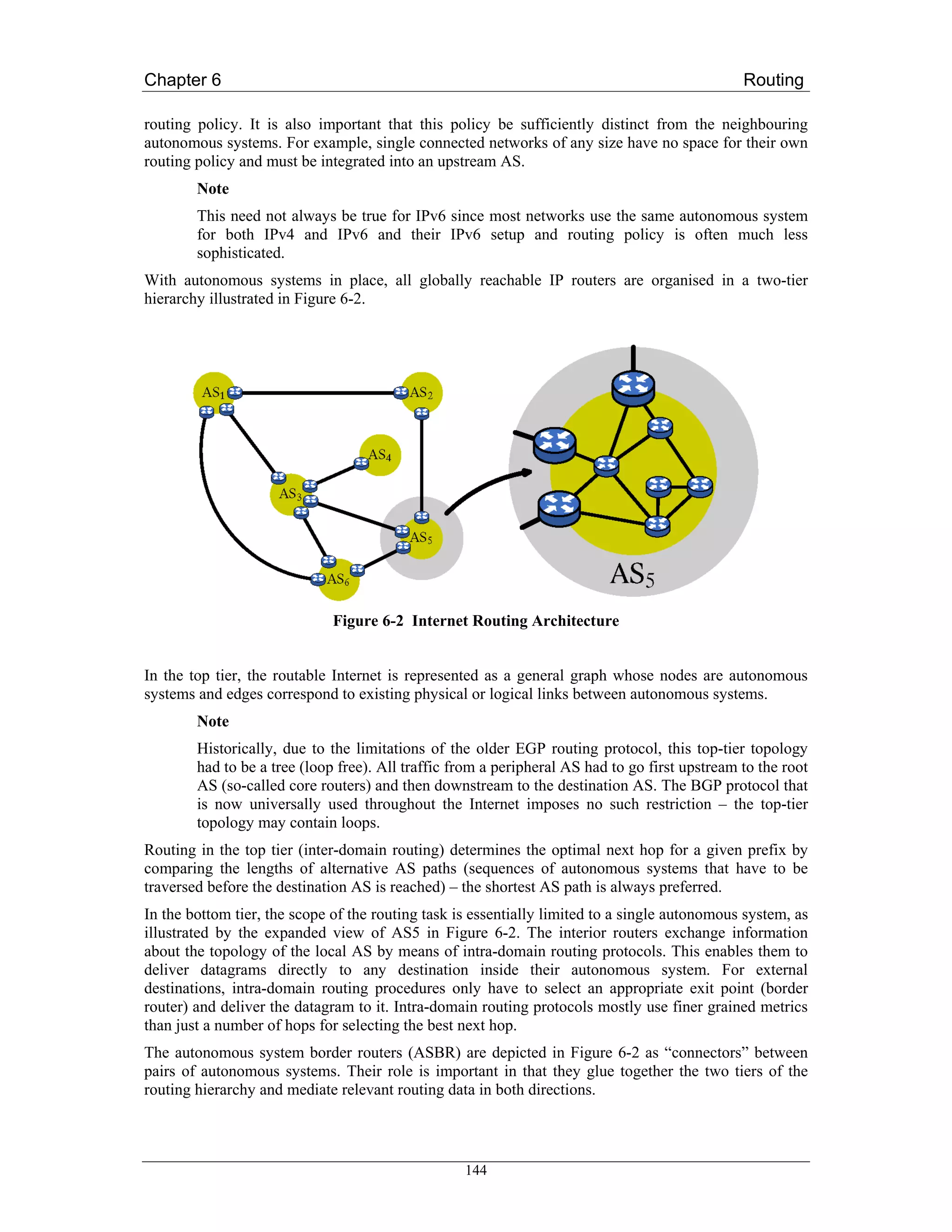 Chapter 6                                                                                       Routing

routing policy. It is also important that this policy be sufficiently distinct from the neighbouring
autonomous systems. For example, single connected networks of any size have no space for their own
routing policy and must be integrated into an upstream AS.
        Note
        This need not always be true for IPv6 since most networks use the same autonomous system
        for both IPv4 and IPv6 and their IPv6 setup and routing policy is often much less
        sophisticated.
With autonomous systems in place, all globally reachable IP routers are organised in a two-tier
hierarchy illustrated in Figure 6-2.




                              Figure 6-2 Internet Routing Architecture


In the top tier, the routable Internet is represented as a general graph whose nodes are autonomous
systems and edges correspond to existing physical or logical links between autonomous systems.
        Note
        Historically, due to the limitations of the older EGP routing protocol, this top-tier topology
        had to be a tree (loop free). All traffic from a peripheral AS had to go first upstream to the root
        AS (so-called core routers) and then downstream to the destination AS. The BGP protocol that
        is now universally used throughout the Internet imposes no such restriction – the top-tier
        topology may contain loops.
Routing in the top tier (inter-domain routing) determines the optimal next hop for a given prefix by
comparing the lengths of alternative AS paths (sequences of autonomous systems that have to be
traversed before the destination AS is reached) – the shortest AS path is always preferred.
In the bottom tier, the scope of the routing task is essentially limited to a single autonomous system, as
illustrated by the expanded view of AS5 in Figure 6-2. The interior routers exchange information
about the topology of the local AS by means of intra-domain routing protocols. This enables them to
deliver datagrams directly to any destination inside their autonomous system. For external
destinations, intra-domain routing procedures only have to select an appropriate exit point (border
router) and deliver the datagram to it. Intra-domain routing protocols mostly use finer grained metrics
than just a number of hops for selecting the best next hop.
The autonomous system border routers (ASBR) are depicted in Figure 6-2 as “connectors” between
pairs of autonomous systems. Their role is important in that they glue together the two tiers of the
routing hierarchy and mediate relevant routing data in both directions.



                                                   144
 