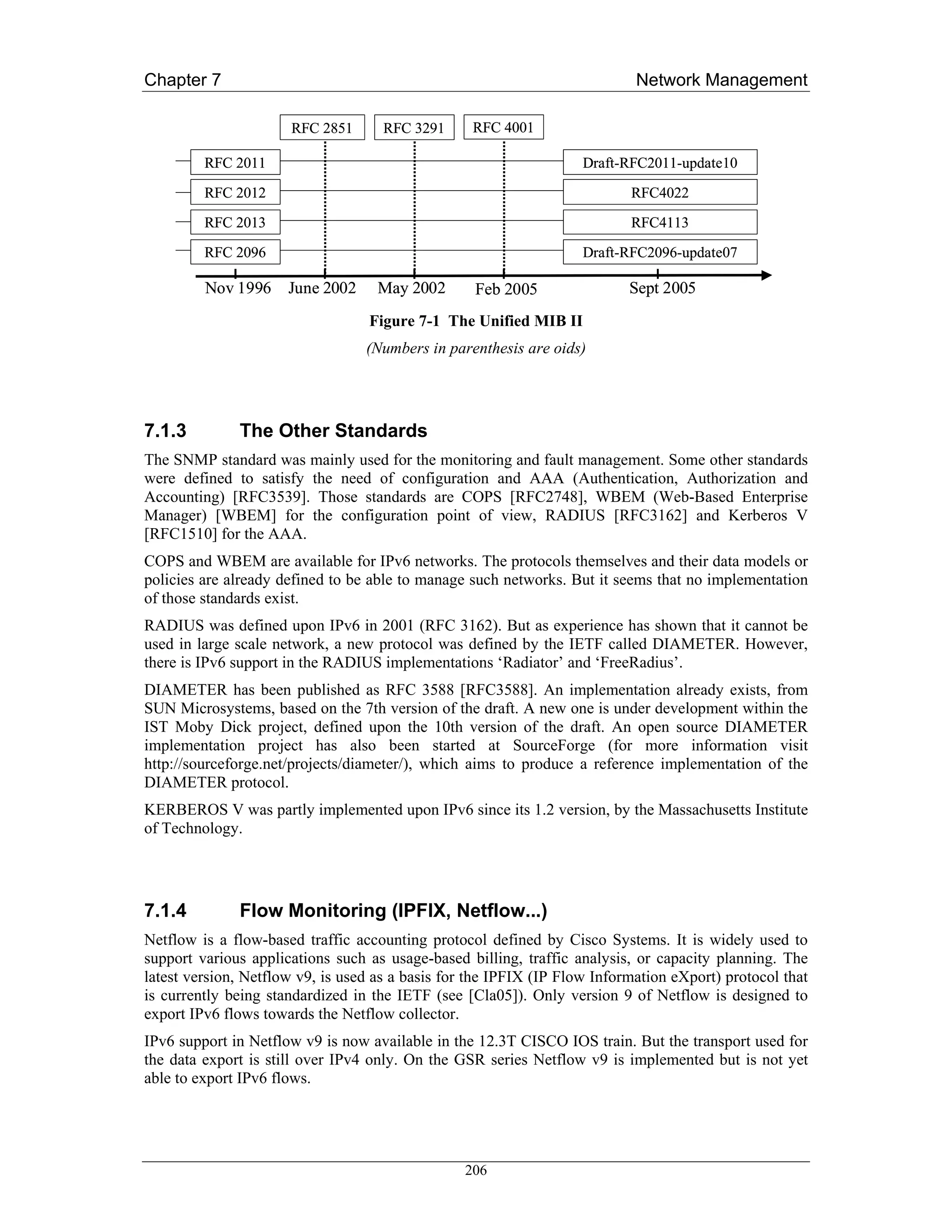 Chapter 7                                                                   Network Management

                      RFC 2851       RFC 3291     RFC 4001

         RFC 2011                                                   Draft-RFC2011-update10

         RFC 2012                                                          RFC4022
         RFC 2013                                                          RFC4113

         RFC 2096                                                   Draft-RFC2096-update07

         Nov 1996     June 2002     May 2002       Feb 2005                Sept 2005
                                  Figure 7-1 The Unified MIB II
                                  (Numbers in parenthesis are oids)




7.1.3         The Other Standards
The SNMP standard was mainly used for the monitoring and fault management. Some other standards
were defined to satisfy the need of configuration and AAA (Authentication, Authorization and
Accounting) [RFC3539]. Those standards are COPS [RFC2748], WBEM (Web-Based Enterprise
Manager) [WBEM] for the configuration point of view, RADIUS [RFC3162] and Kerberos V
[RFC1510] for the AAA.
COPS and WBEM are available for IPv6 networks. The protocols themselves and their data models or
policies are already defined to be able to manage such networks. But it seems that no implementation
of those standards exist.
RADIUS was defined upon IPv6 in 2001 (RFC 3162). But as experience has shown that it cannot be
used in large scale network, a new protocol was defined by the IETF called DIAMETER. However,
there is IPv6 support in the RADIUS implementations ‘Radiator’ and ‘FreeRadius’.
DIAMETER has been published as RFC 3588 [RFC3588]. An implementation already exists, from
SUN Microsystems, based on the 7th version of the draft. A new one is under development within the
IST Moby Dick project, defined upon the 10th version of the draft. An open source DIAMETER
implementation project has also been started at SourceForge (for more information visit
http://sourceforge.net/projects/diameter/), which aims to produce a reference implementation of the
DIAMETER protocol.
KERBEROS V was partly implemented upon IPv6 since its 1.2 version, by the Massachusetts Institute
of Technology.




7.1.4         Flow Monitoring (IPFIX, Netflow...)
Netflow is a flow-based traffic accounting protocol defined by Cisco Systems. It is widely used to
support various applications such as usage-based billing, traffic analysis, or capacity planning. The
latest version, Netflow v9, is used as a basis for the IPFIX (IP Flow Information eXport) protocol that
is currently being standardized in the IETF (see [Cla05]). Only version 9 of Netflow is designed to
export IPv6 flows towards the Netflow collector.
IPv6 support in Netflow v9 is now available in the 12.3T CISCO IOS train. But the transport used for
the data export is still over IPv4 only. On the GSR series Netflow v9 is implemented but is not yet
able to export IPv6 flows.




                                                 206
 