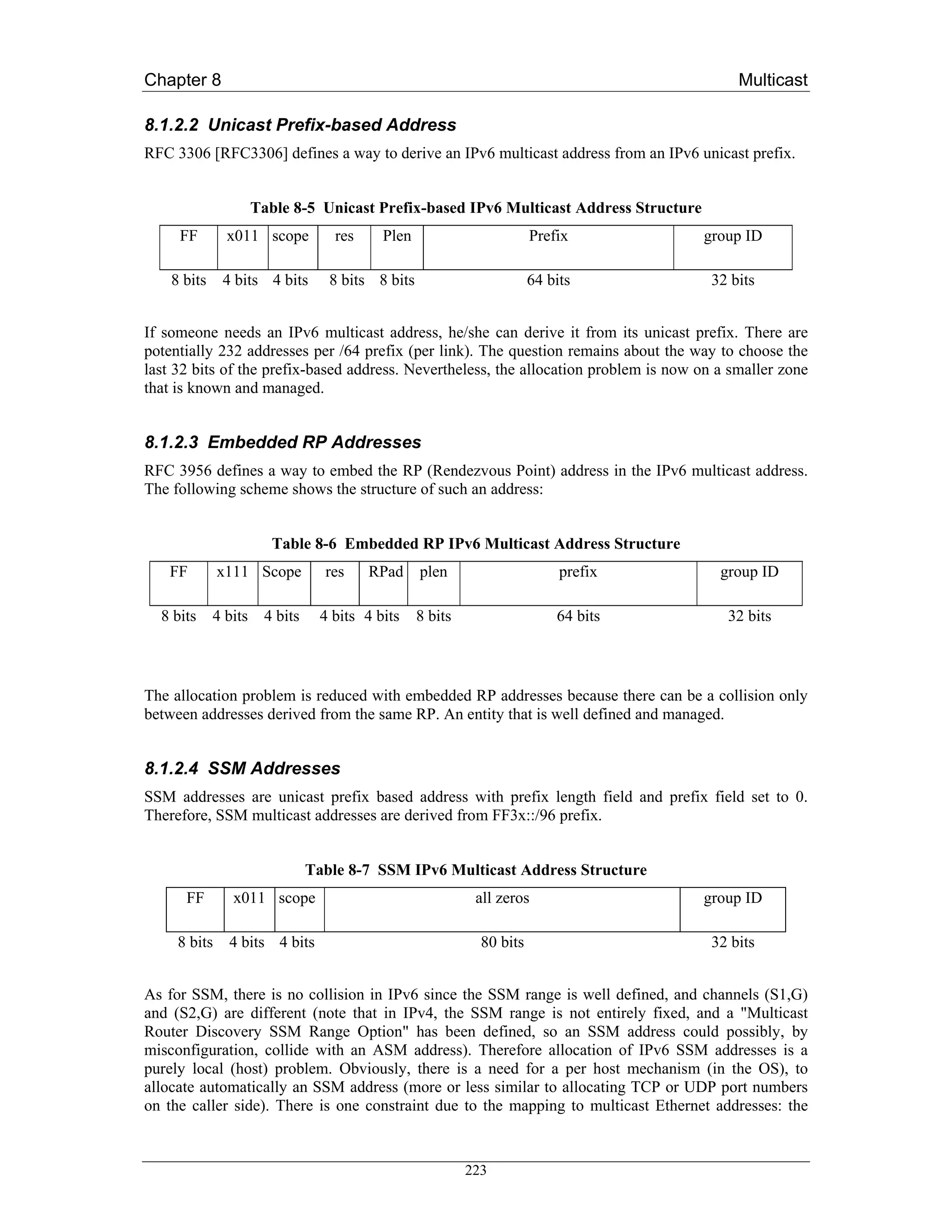 Chapter 8                                                                                    Multicast

8.1.2.2 Unicast Prefix-based Address
RFC 3306 [RFC3306] defines a way to derive an IPv6 multicast address from an IPv6 unicast prefix.


                      Table 8-5 Unicast Prefix-based IPv6 Multicast Address Structure
     FF        x011 scope           res    Plen                         Prefix          group ID

    8 bits    4 bits 4 bits        8 bits 8 bits                        64 bits          32 bits


If someone needs an IPv6 multicast address, he/she can derive it from its unicast prefix. There are
potentially 232 addresses per /64 prefix (per link). The question remains about the way to choose the
last 32 bits of the prefix-based address. Nevertheless, the allocation problem is now on a smaller zone
that is known and managed.


8.1.2.3 Embedded RP Addresses
RFC 3956 defines a way to embed the RP (Rendezvous Point) address in the IPv6 multicast address.
The following scheme shows the structure of such an address:


                         Table 8-6 Embedded RP IPv6 Multicast Address Structure
   FF         x111 Scope          res     RPad     plen                      prefix       group ID

  8 bits     4 bits    4 bits    4 bits 4 bits     8 bits                   64 bits        32 bits



The allocation problem is reduced with embedded RP addresses because there can be a collision only
between addresses derived from the same RP. An entity that is well defined and managed.


8.1.2.4 SSM Addresses
SSM addresses are unicast prefix based address with prefix length field and prefix field set to 0.
Therefore, SSM multicast addresses are derived from FF3x::/96 prefix.


                                Table 8-7 SSM IPv6 Multicast Address Structure
      FF        x011 scope                                   all zeros                  group ID

     8 bits    4 bits 4 bits                                  80 bits                    32 bits


As for SSM, there is no collision in IPv6 since the SSM range is well defined, and channels (S1,G)
and (S2,G) are different (note that in IPv4, the SSM range is not entirely fixed, and a "Multicast
Router Discovery SSM Range Option" has been defined, so an SSM address could possibly, by
misconfiguration, collide with an ASM address). Therefore allocation of IPv6 SSM addresses is a
purely local (host) problem. Obviously, there is a need for a per host mechanism (in the OS), to
allocate automatically an SSM address (more or less similar to allocating TCP or UDP port numbers
on the caller side). There is one constraint due to the mapping to multicast Ethernet addresses: the



                                                            223
 