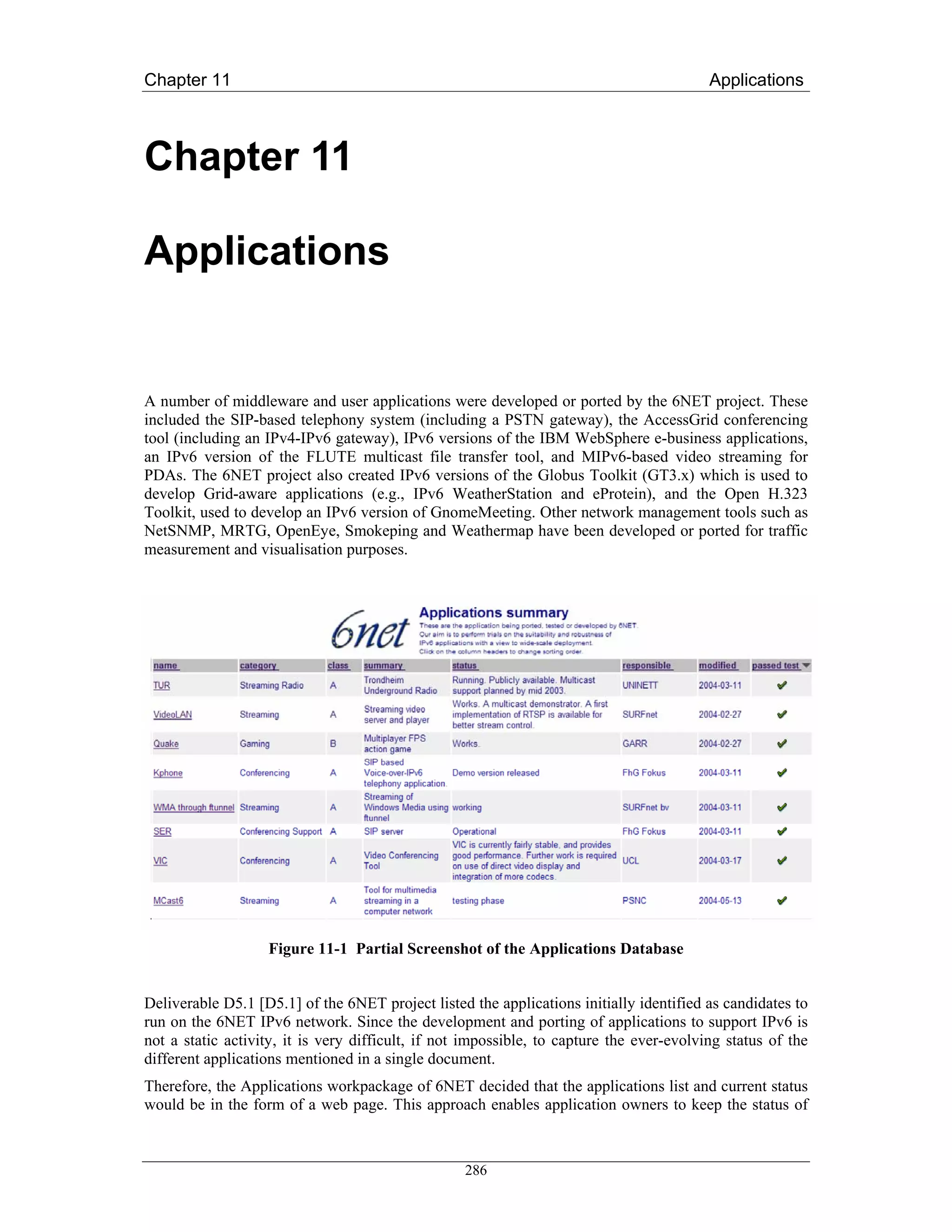 Chapter 11                                                                                Applications



Chapter 11

Applications


A number of middleware and user applications were developed or ported by the 6NET project. These
included the SIP-based telephony system (including a PSTN gateway), the AccessGrid conferencing
tool (including an IPv4-IPv6 gateway), IPv6 versions of the IBM WebSphere e-business applications,
an IPv6 version of the FLUTE multicast file transfer tool, and MIPv6-based video streaming for
PDAs. The 6NET project also created IPv6 versions of the Globus Toolkit (GT3.x) which is used to
develop Grid-aware applications (e.g., IPv6 WeatherStation and eProtein), and the Open H.323
Toolkit, used to develop an IPv6 version of GnomeMeeting. Other network management tools such as
NetSNMP, MRTG, OpenEye, Smokeping and Weathermap have been developed or ported for traffic
measurement and visualisation purposes.




                   Figure 11-1 Partial Screenshot of the Applications Database


Deliverable D5.1 [D5.1] of the 6NET project listed the applications initially identified as candidates to
run on the 6NET IPv6 network. Since the development and porting of applications to support IPv6 is
not a static activity, it is very difficult, if not impossible, to capture the ever-evolving status of the
different applications mentioned in a single document.
Therefore, the Applications workpackage of 6NET decided that the applications list and current status
would be in the form of a web page. This approach enables application owners to keep the status of



                                                   286
 