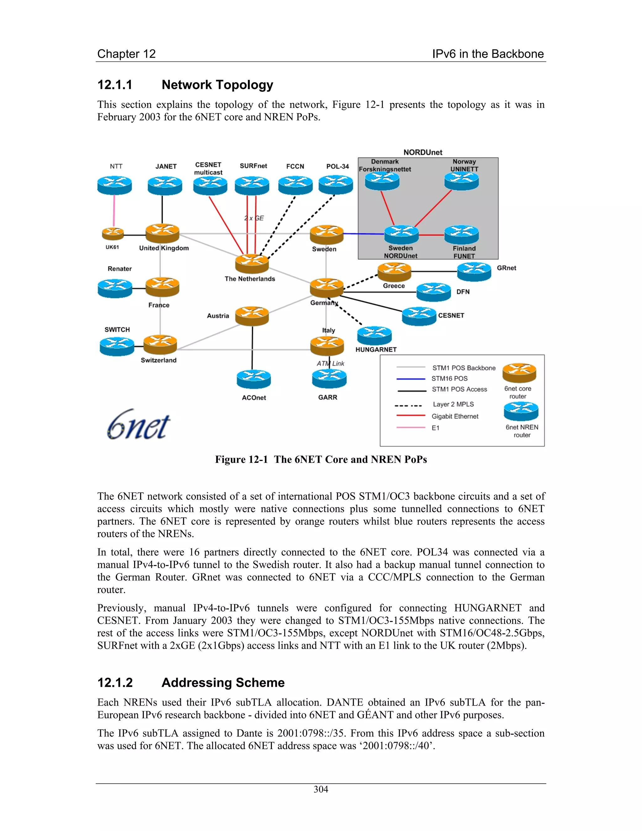 Chapter 12                                                               IPv6 in the Backbone

12.1.1        Network Topology
This section explains the topology of the network, Figure 12-1 presents the topology as it was in
February 2003 for the 6NET core and NREN PoPs.




                         Figure 12-1 The 6NET Core and NREN PoPs


The 6NET network consisted of a set of international POS STM1/OC3 backbone circuits and a set of
access circuits which mostly were native connections plus some tunnelled connections to 6NET
partners. The 6NET core is represented by orange routers whilst blue routers represents the access
routers of the NRENs.
In total, there were 16 partners directly connected to the 6NET core. POL34 was connected via a
manual IPv4-to-IPv6 tunnel to the Swedish router. It also had a backup manual tunnel connection to
the German Router. GRnet was connected to 6NET via a CCC/MPLS connection to the German
router.
Previously, manual IPv4-to-IPv6 tunnels were configured for connecting HUNGARNET and
CESNET. From January 2003 they were changed to STM1/OC3-155Mbps native connections. The
rest of the access links were STM1/OC3-155Mbps, except NORDUnet with STM16/OC48-2.5Gbps,
SURFnet with a 2xGE (2x1Gbps) access links and NTT with an E1 link to the UK router (2Mbps).


12.1.2        Addressing Scheme
Each NRENs used their IPv6 subTLA allocation. DANTE obtained an IPv6 subTLA for the pan-
European IPv6 research backbone - divided into 6NET and GÉANT and other IPv6 purposes.
The IPv6 subTLA assigned to Dante is 2001:0798::/35. From this IPv6 address space a sub-section
was used for 6NET. The allocated 6NET address space was ‘2001:0798::/40’.



                                               304
 