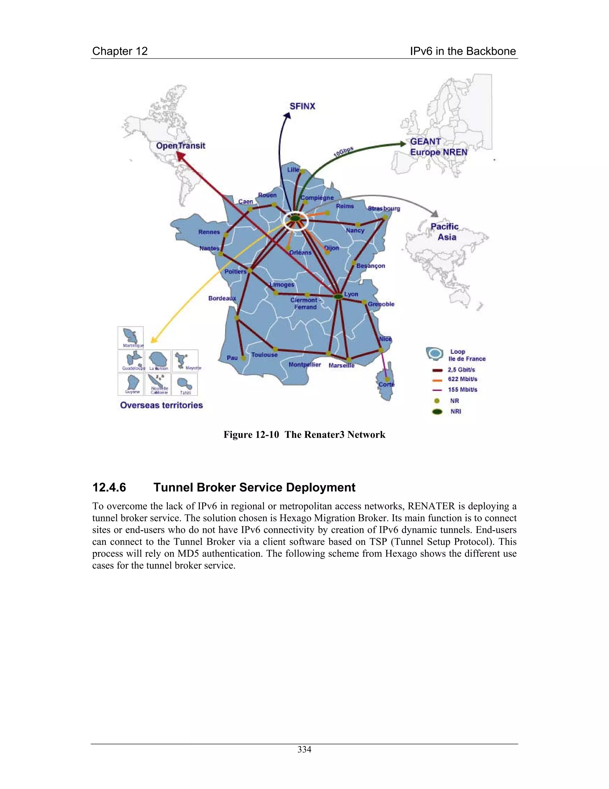Chapter 12                                                                  IPv6 in the Backbone




                               Figure 12-10 The Renater3 Network




12.4.6        Tunnel Broker Service Deployment
To overcome the lack of IPv6 in regional or metropolitan access networks, RENATER is deploying a
tunnel broker service. The solution chosen is Hexago Migration Broker. Its main function is to connect
sites or end-users who do not have IPv6 connectivity by creation of IPv6 dynamic tunnels. End-users
can connect to the Tunnel Broker via a client software based on TSP (Tunnel Setup Protocol). This
process will rely on MD5 authentication. The following scheme from Hexago shows the different use
cases for the tunnel broker service.




                                                 334
 