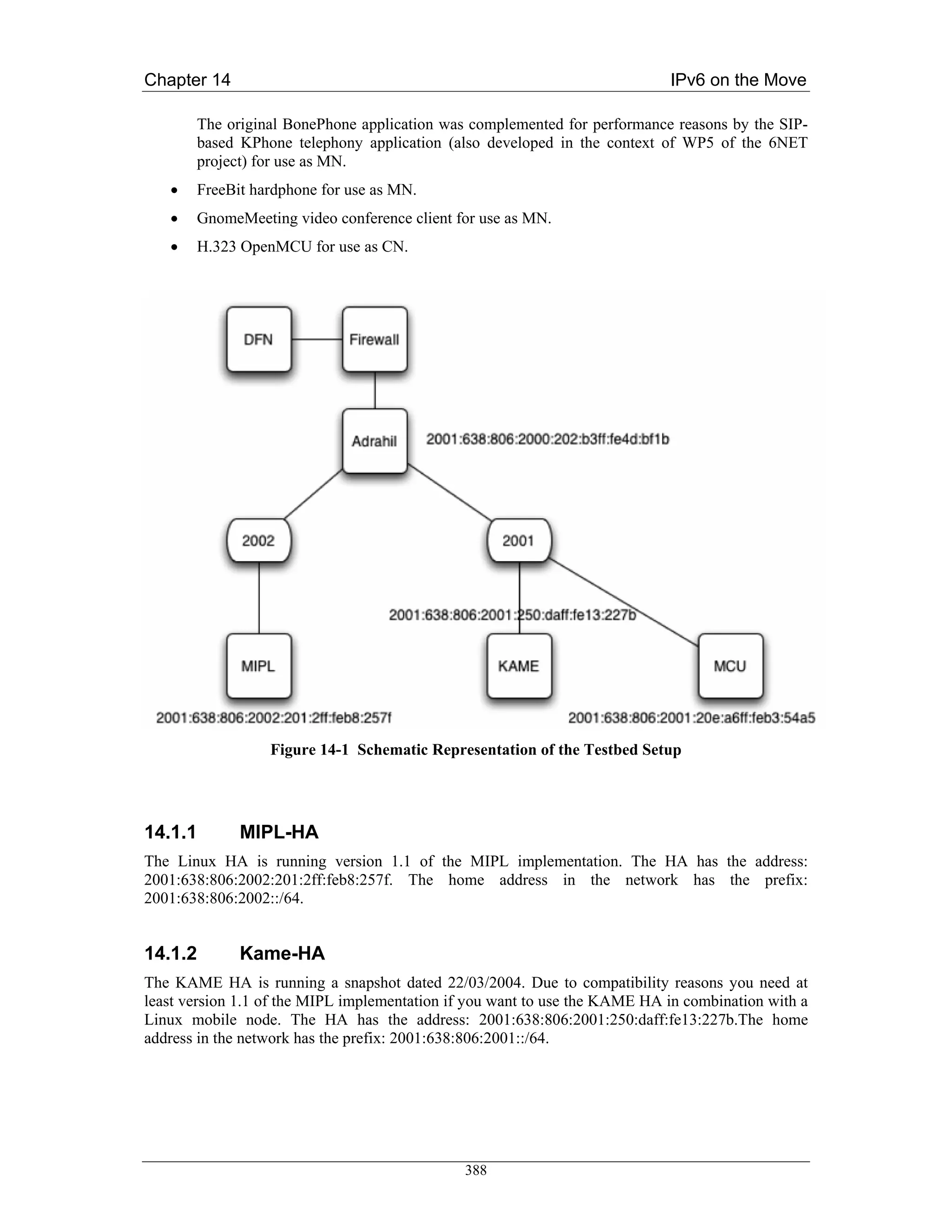 Chapter 14                                                                  IPv6 on the Move

       The original BonePhone application was complemented for performance reasons by the SIP-
       based KPhone telephony application (also developed in the context of WP5 of the 6NET
       project) for use as MN.
   •   FreeBit hardphone for use as MN.
   •   GnomeMeeting video conference client for use as MN.
   •   H.323 OpenMCU for use as CN.




                  Figure 14-1 Schematic Representation of the Testbed Setup




14.1.1       MIPL-HA
The Linux HA is running version 1.1 of the MIPL implementation. The HA has the address:
2001:638:806:2002:201:2ff:feb8:257f. The home address in the network has the prefix:
2001:638:806:2002::/64.


14.1.2       Kame-HA
The KAME HA is running a snapshot dated 22/03/2004. Due to compatibility reasons you need at
least version 1.1 of the MIPL implementation if you want to use the KAME HA in combination with a
Linux mobile node. The HA has the address: 2001:638:806:2001:250:daff:fe13:227b.The home
address in the network has the prefix: 2001:638:806:2001::/64.




                                              388
 