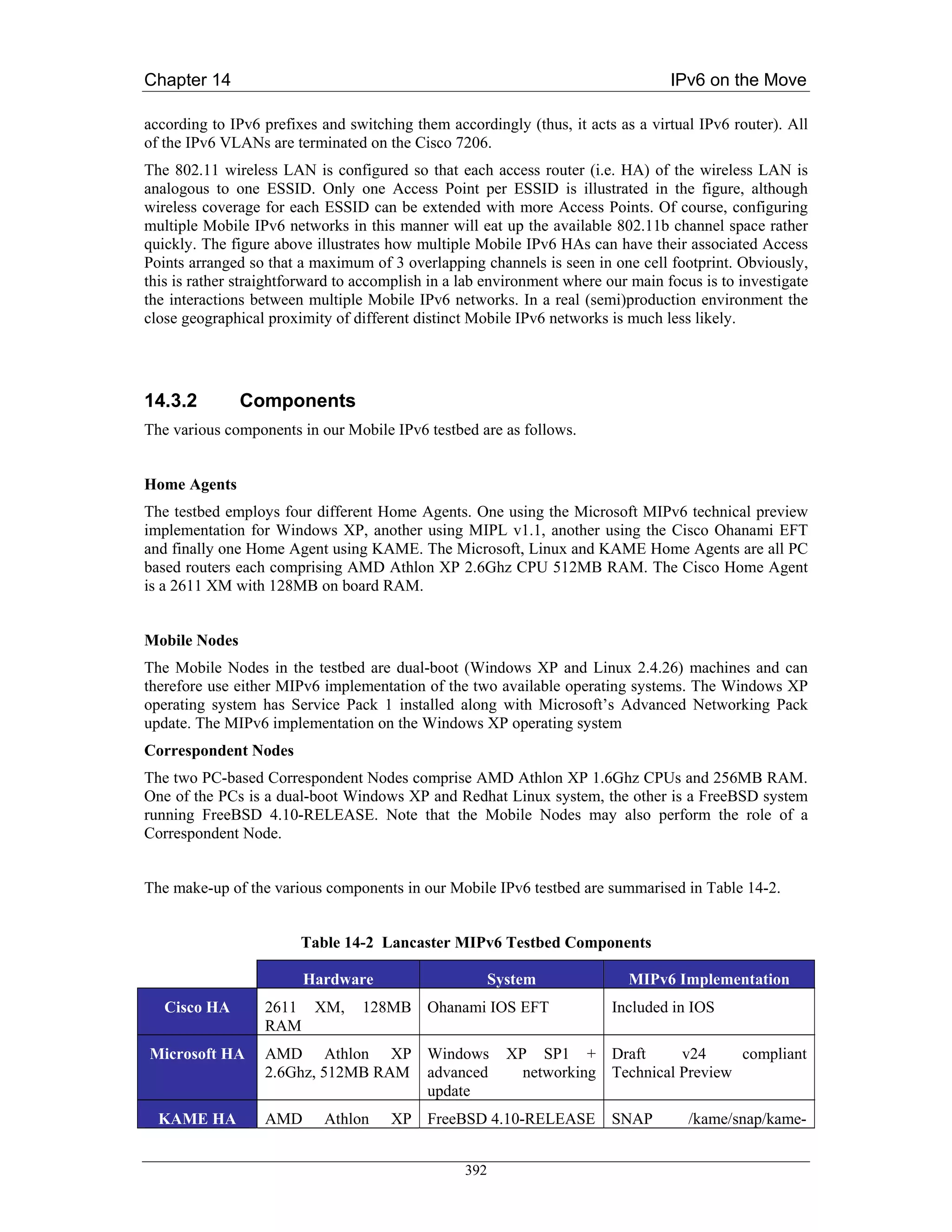 Chapter 14                                                                        IPv6 on the Move

according to IPv6 prefixes and switching them accordingly (thus, it acts as a virtual IPv6 router). All
of the IPv6 VLANs are terminated on the Cisco 7206.
The 802.11 wireless LAN is configured so that each access router (i.e. HA) of the wireless LAN is
analogous to one ESSID. Only one Access Point per ESSID is illustrated in the figure, although
wireless coverage for each ESSID can be extended with more Access Points. Of course, configuring
multiple Mobile IPv6 networks in this manner will eat up the available 802.11b channel space rather
quickly. The figure above illustrates how multiple Mobile IPv6 HAs can have their associated Access
Points arranged so that a maximum of 3 overlapping channels is seen in one cell footprint. Obviously,
this is rather straightforward to accomplish in a lab environment where our main focus is to investigate
the interactions between multiple Mobile IPv6 networks. In a real (semi)production environment the
close geographical proximity of different distinct Mobile IPv6 networks is much less likely.




14.3.2         Components
The various components in our Mobile IPv6 testbed are as follows.


Home Agents
The testbed employs four different Home Agents. One using the Microsoft MIPv6 technical preview
implementation for Windows XP, another using MIPL v1.1, another using the Cisco Ohanami EFT
and finally one Home Agent using KAME. The Microsoft, Linux and KAME Home Agents are all PC
based routers each comprising AMD Athlon XP 2.6Ghz CPU 512MB RAM. The Cisco Home Agent
is a 2611 XM with 128MB on board RAM.


Mobile Nodes
The Mobile Nodes in the testbed are dual-boot (Windows XP and Linux 2.4.26) machines and can
therefore use either MIPv6 implementation of the two available operating systems. The Windows XP
operating system has Service Pack 1 installed along with Microsoft’s Advanced Networking Pack
update. The MIPv6 implementation on the Windows XP operating system
Correspondent Nodes
The two PC-based Correspondent Nodes comprise AMD Athlon XP 1.6Ghz CPUs and 256MB RAM.
One of the PCs is a dual-boot Windows XP and Redhat Linux system, the other is a FreeBSD system
running FreeBSD 4.10-RELEASE. Note that the Mobile Nodes may also perform the role of a
Correspondent Node.


The make-up of the various components in our Mobile IPv6 testbed are summarised in Table 14-2.


                        Table 14-2 Lancaster MIPv6 Testbed Components

                        Hardware                        System             MIPv6 Implementation
   Cisco HA       2611 XM,        128MB Ohanami IOS EFT                  Included in IOS
                  RAM
Microsoft HA      AMD Athlon XP Windows                   XP SP1 + Draft         v24     compliant
                  2.6Ghz, 512MB RAM advanced                networking Technical Preview
                                    update
  KAME HA         AMD       Athlon    XP FreeBSD 4.10-RELEASE            SNAP        /kame/snap/kame-


                                                  392
 