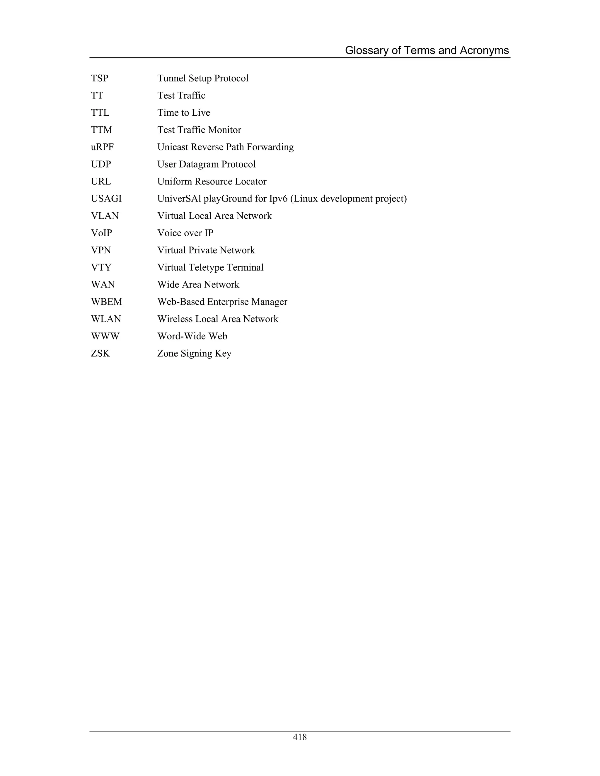 Glossary of Terms and Acronyms

TSP     Tunnel Setup Protocol
TT      Test Traffic
TTL     Time to Live
TTM     Test Traffic Monitor
uRPF    Unicast Reverse Path Forwarding
UDP     User Datagram Protocol
URL     Uniform Resource Locator
USAGI   UniverSAl playGround for Ipv6 (Linux development project)
VLAN    Virtual Local Area Network
VoIP    Voice over IP
VPN     Virtual Private Network
VTY     Virtual Teletype Terminal
WAN     Wide Area Network
WBEM    Web-Based Enterprise Manager
WLAN    Wireless Local Area Network
WWW     Word-Wide Web
ZSK     Zone Signing Key




                                       418
 
