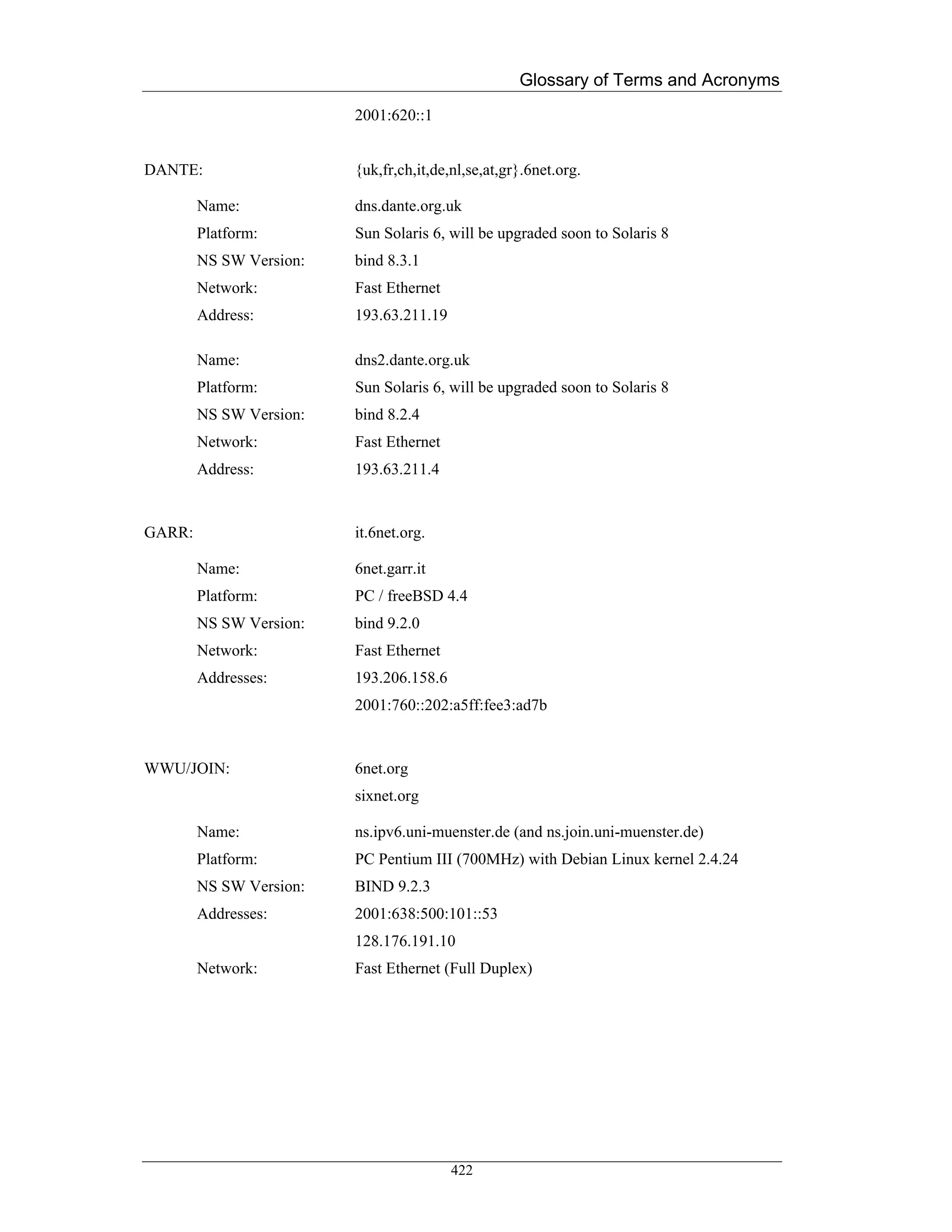 Glossary of Terms and Acronyms
                         2001:620::1


DANTE:                   {uk,fr,ch,it,de,nl,se,at,gr}.6net.org.

        Name:            dns.dante.org.uk
        Platform:        Sun Solaris 6, will be upgraded soon to Solaris 8
        NS SW Version:   bind 8.3.1
        Network:         Fast Ethernet
        Address:         193.63.211.19

        Name:            dns2.dante.org.uk
        Platform:        Sun Solaris 6, will be upgraded soon to Solaris 8
        NS SW Version:   bind 8.2.4
        Network:         Fast Ethernet
        Address:         193.63.211.4


GARR:                    it.6net.org.

        Name:            6net.garr.it
        Platform:        PC / freeBSD 4.4
        NS SW Version:   bind 9.2.0
        Network:         Fast Ethernet
        Addresses:       193.206.158.6
                         2001:760::202:a5ff:fee3:ad7b


WWU/JOIN:                6net.org
                         sixnet.org

        Name:            ns.ipv6.uni-muenster.de (and ns.join.uni-muenster.de)
        Platform:        PC Pentium III (700MHz) with Debian Linux kernel 2.4.24
        NS SW Version:   BIND 9.2.3
        Addresses:       2001:638:500:101::53
                         128.176.191.10
        Network:         Fast Ethernet (Full Duplex)




                                         422
 