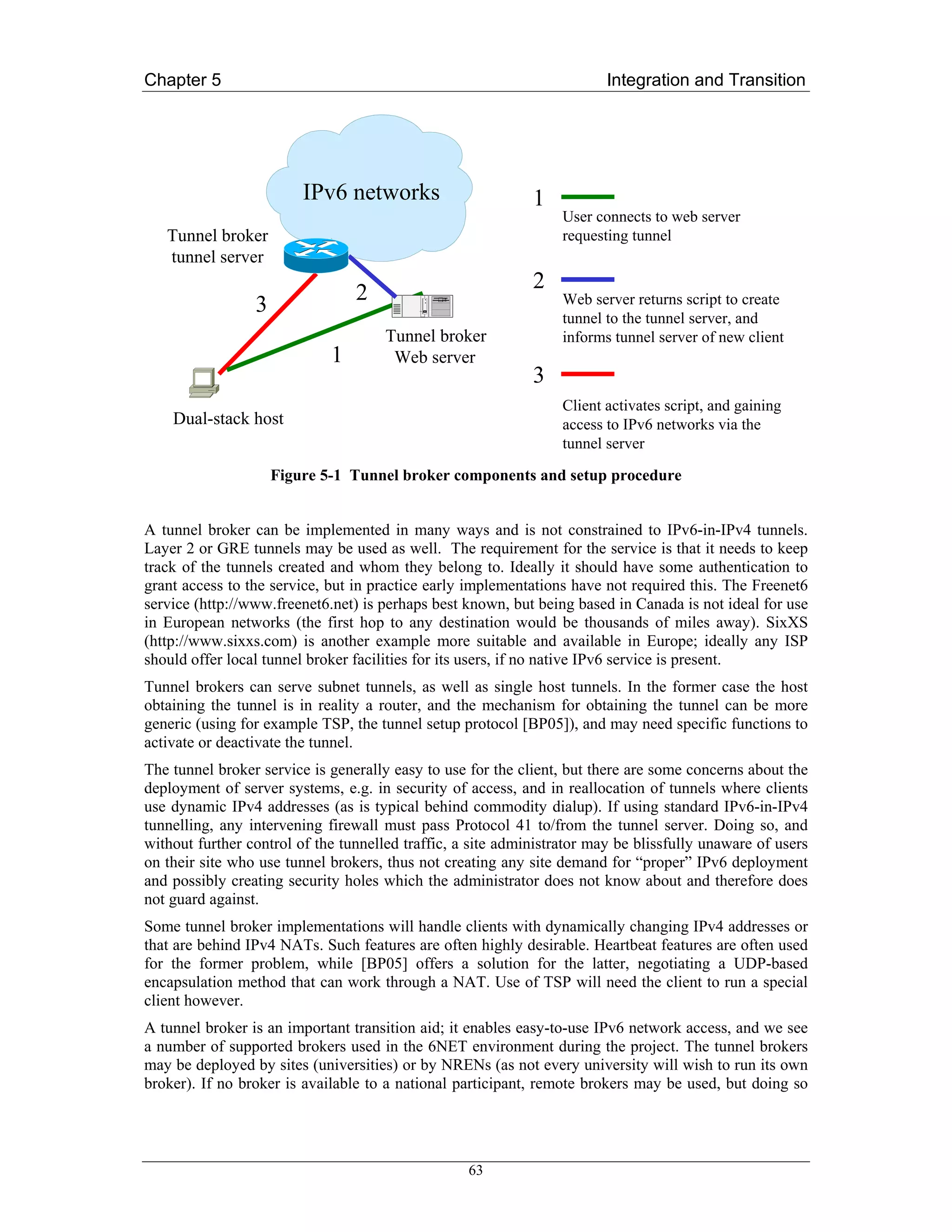 Chapter 5                                                                Integration and Transition




                         IPv6 networks                       1
                                                                  User connects to web server
   Tunnel broker                                                  requesting tunnel
   tunnel server

                                 2                           2
                 3                                                Web server returns script to create
                                                                  tunnel to the tunnel server, and
                                      Tunnel broker               informs tunnel server of new client
                             1         Web server
                                                             3
                                                                  Client activates script, and gaining
    Dual-stack host                                               access to IPv6 networks via the
                                                                  tunnel server

                     Figure 5-1 Tunnel broker components and setup procedure


A tunnel broker can be implemented in many ways and is not constrained to IPv6-in-IPv4 tunnels.
Layer 2 or GRE tunnels may be used as well. The requirement for the service is that it needs to keep
track of the tunnels created and whom they belong to. Ideally it should have some authentication to
grant access to the service, but in practice early implementations have not required this. The Freenet6
service (http://www.freenet6.net) is perhaps best known, but being based in Canada is not ideal for use
in European networks (the first hop to any destination would be thousands of miles away). SixXS
(http://www.sixxs.com) is another example more suitable and available in Europe; ideally any ISP
should offer local tunnel broker facilities for its users, if no native IPv6 service is present.
Tunnel brokers can serve subnet tunnels, as well as single host tunnels. In the former case the host
obtaining the tunnel is in reality a router, and the mechanism for obtaining the tunnel can be more
generic (using for example TSP, the tunnel setup protocol [BP05]), and may need specific functions to
activate or deactivate the tunnel.
The tunnel broker service is generally easy to use for the client, but there are some concerns about the
deployment of server systems, e.g. in security of access, and in reallocation of tunnels where clients
use dynamic IPv4 addresses (as is typical behind commodity dialup). If using standard IPv6-in-IPv4
tunnelling, any intervening firewall must pass Protocol 41 to/from the tunnel server. Doing so, and
without further control of the tunnelled traffic, a site administrator may be blissfully unaware of users
on their site who use tunnel brokers, thus not creating any site demand for “proper” IPv6 deployment
and possibly creating security holes which the administrator does not know about and therefore does
not guard against.
Some tunnel broker implementations will handle clients with dynamically changing IPv4 addresses or
that are behind IPv4 NATs. Such features are often highly desirable. Heartbeat features are often used
for the former problem, while [BP05] offers a solution for the latter, negotiating a UDP-based
encapsulation method that can work through a NAT. Use of TSP will need the client to run a special
client however.
A tunnel broker is an important transition aid; it enables easy-to-use IPv6 network access, and we see
a number of supported brokers used in the 6NET environment during the project. The tunnel brokers
may be deployed by sites (universities) or by NRENs (as not every university will wish to run its own
broker). If no broker is available to a national participant, remote brokers may be used, but doing so




                                                   63
 