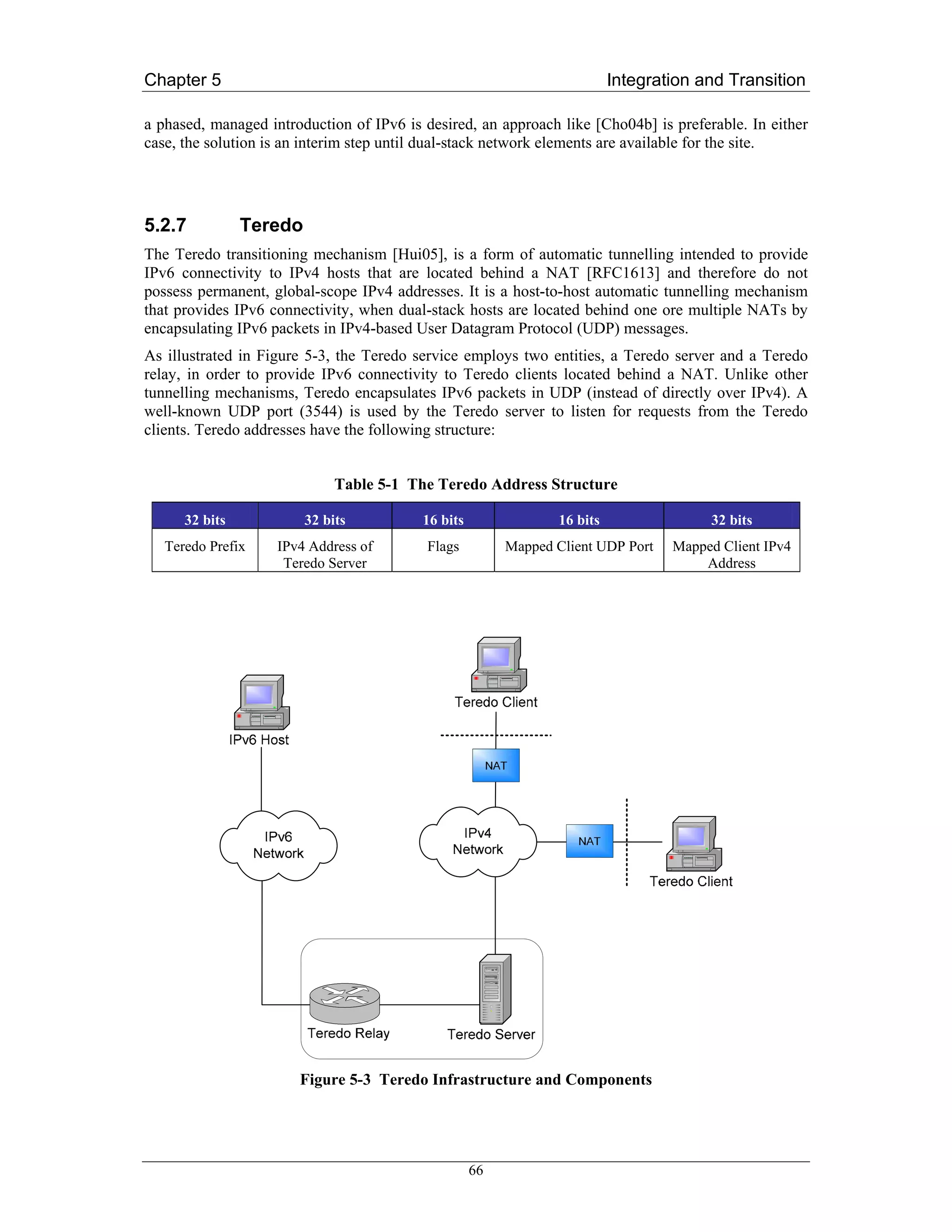 Chapter 5                                                                 Integration and Transition

a phased, managed introduction of IPv6 is desired, an approach like [Cho04b] is preferable. In either
case, the solution is an interim step until dual-stack network elements are available for the site.




5.2.7           Teredo
The Teredo transitioning mechanism [Hui05], is a form of automatic tunnelling intended to provide
IPv6 connectivity to IPv4 hosts that are located behind a NAT [RFC1613] and therefore do not
possess permanent, global-scope IPv4 addresses. It is a host-to-host automatic tunnelling mechanism
that provides IPv6 connectivity, when dual-stack hosts are located behind one ore multiple NATs by
encapsulating IPv6 packets in IPv4-based User Datagram Protocol (UDP) messages.
As illustrated in Figure 5-3, the Teredo service employs two entities, a Teredo server and a Teredo
relay, in order to provide IPv6 connectivity to Teredo clients located behind a NAT. Unlike other
tunnelling mechanisms, Teredo encapsulates IPv6 packets in UDP (instead of directly over IPv4). A
well-known UDP port (3544) is used by the Teredo server to listen for requests from the Teredo
clients. Teredo addresses have the following structure:


                              Table 5-1 The Teredo Address Structure

      32 bits            32 bits          16 bits               16 bits                32 bits
   Teredo Prefix    IPv4 Address of        Flags         Mapped Client UDP Port   Mapped Client IPv4
                     Teredo Server                                                    Address




                       Figure 5-3 Teredo Infrastructure and Components




                                                    66
 