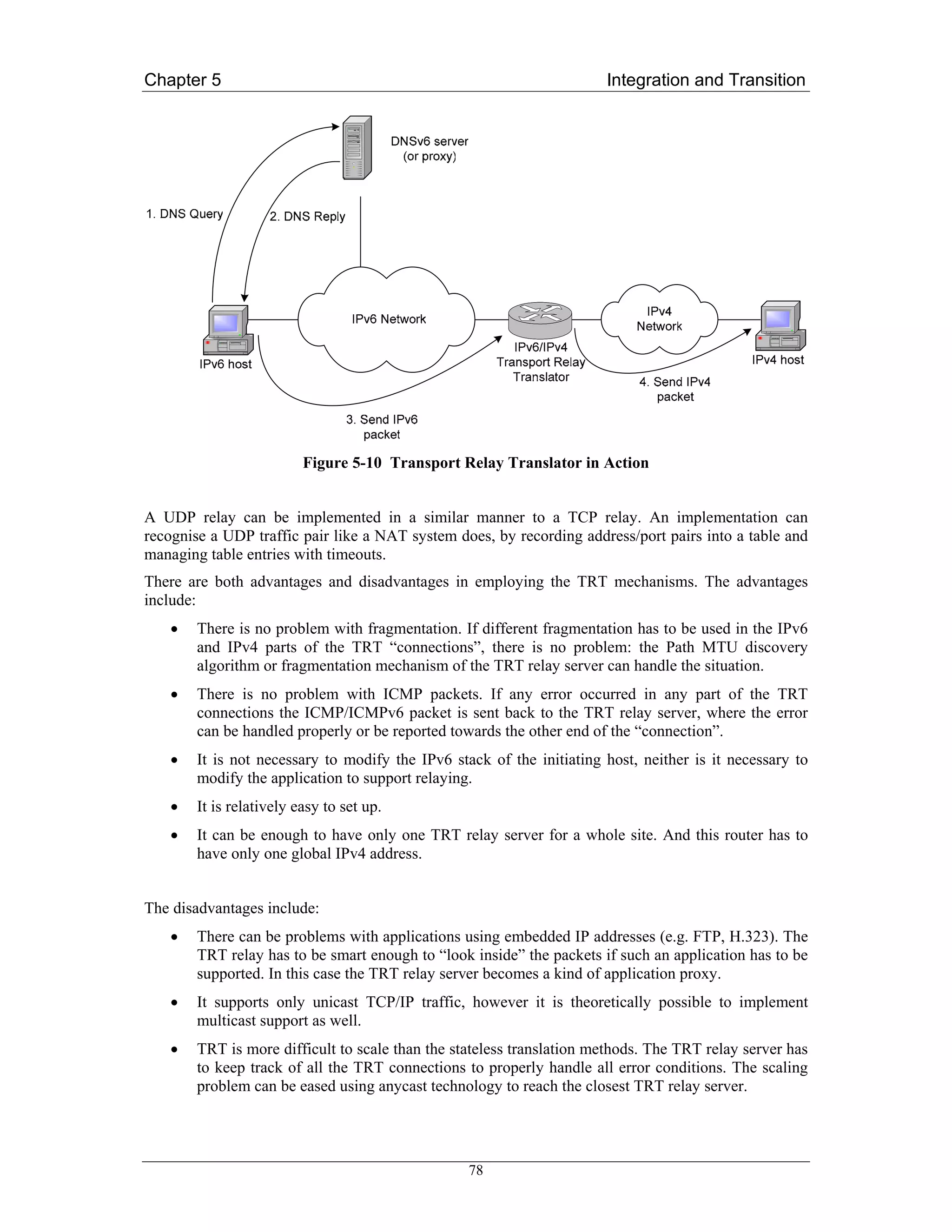 Chapter 5                                                              Integration and Transition




                          Figure 5-10 Transport Relay Translator in Action


A UDP relay can be implemented in a similar manner to a TCP relay. An implementation can
recognise a UDP traffic pair like a NAT system does, by recording address/port pairs into a table and
managing table entries with timeouts.
There are both advantages and disadvantages in employing the TRT mechanisms. The advantages
include:
    •   There is no problem with fragmentation. If different fragmentation has to be used in the IPv6
        and IPv4 parts of the TRT “connections”, there is no problem: the Path MTU discovery
        algorithm or fragmentation mechanism of the TRT relay server can handle the situation.
    •   There is no problem with ICMP packets. If any error occurred in any part of the TRT
        connections the ICMP/ICMPv6 packet is sent back to the TRT relay server, where the error
        can be handled properly or be reported towards the other end of the “connection”.
    •   It is not necessary to modify the IPv6 stack of the initiating host, neither is it necessary to
        modify the application to support relaying.
    •   It is relatively easy to set up.
    •   It can be enough to have only one TRT relay server for a whole site. And this router has to
        have only one global IPv4 address.


The disadvantages include:
    •   There can be problems with applications using embedded IP addresses (e.g. FTP, H.323). The
        TRT relay has to be smart enough to “look inside” the packets if such an application has to be
        supported. In this case the TRT relay server becomes a kind of application proxy.
    •   It supports only unicast TCP/IP traffic, however it is theoretically possible to implement
        multicast support as well.
    •   TRT is more difficult to scale than the stateless translation methods. The TRT relay server has
        to keep track of all the TRT connections to properly handle all error conditions. The scaling
        problem can be eased using anycast technology to reach the closest TRT relay server.




                                                  78
 