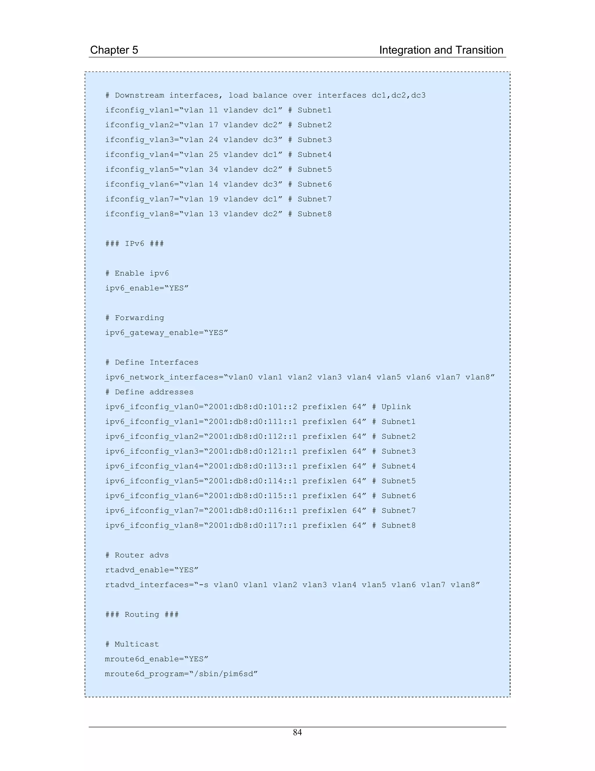 Chapter 5                                                Integration and Transition


  # Downstream interfaces, load balance over interfaces dc1,dc2,dc3
  ifconfig_vlan1=“vlan 11 vlandev dc1” # Subnet1
  ifconfig_vlan2=“vlan 17 vlandev dc2” # Subnet2
  ifconfig_vlan3=“vlan 24 vlandev dc3” # Subnet3
  ifconfig_vlan4=“vlan 25 vlandev dc1” # Subnet4
  ifconfig_vlan5=“vlan 34 vlandev dc2” # Subnet5
  ifconfig_vlan6=“vlan 14 vlandev dc3” # Subnet6
  ifconfig_vlan7=“vlan 19 vlandev dc1” # Subnet7
  ifconfig_vlan8=“vlan 13 vlandev dc2” # Subnet8


  ### IPv6 ###


  # Enable ipv6
  ipv6_enable=“YES”


  # Forwarding
  ipv6_gateway_enable=“YES”


  # Define Interfaces
  ipv6_network_interfaces=“vlan0 vlan1 vlan2 vlan3 vlan4 vlan5 vlan6 vlan7 vlan8”
  # Define addresses
  ipv6_ifconfig_vlan0=“2001:db8:d0:101::2 prefixlen 64” # Uplink
  ipv6_ifconfig_vlan1=“2001:db8:d0:111::1 prefixlen 64” # Subnet1
  ipv6_ifconfig_vlan2=“2001:db8:d0:112::1 prefixlen 64” # Subnet2
  ipv6_ifconfig_vlan3=“2001:db8:d0:121::1 prefixlen 64” # Subnet3
  ipv6_ifconfig_vlan4=“2001:db8:d0:113::1 prefixlen 64” # Subnet4
  ipv6_ifconfig_vlan5=“2001:db8:d0:114::1 prefixlen 64” # Subnet5
  ipv6_ifconfig_vlan6=“2001:db8:d0:115::1 prefixlen 64” # Subnet6
  ipv6_ifconfig_vlan7=“2001:db8:d0:116::1 prefixlen 64” # Subnet7
  ipv6_ifconfig_vlan8=“2001:db8:d0:117::1 prefixlen 64” # Subnet8


  # Router advs
  rtadvd_enable=“YES”
  rtadvd_interfaces=“-s vlan0 vlan1 vlan2 vlan3 vlan4 vlan5 vlan6 vlan7 vlan8”


  ### Routing ###


  # Multicast
  mroute6d_enable=“YES”
  mroute6d_program=“/sbin/pim6sd”




                                        84
 