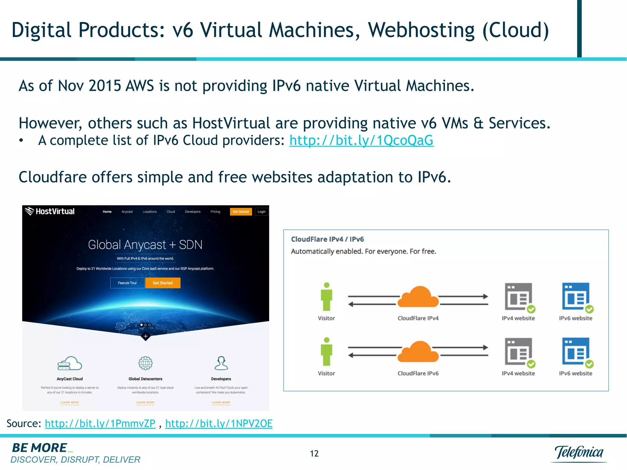 DISCOVER, DISRUPT, DELIVER
12
Digital Products: v6 Virtual Machines, Webhosting (Cloud)
As of Nov 2015 AWS is not providing IPv6 native Virtual Machines.
However, others such as HostVirtual are providing native v6 VMs & Services.
•  A complete list of IPv6 Cloud providers: http://bit.ly/1QcoQaG
Cloudfare offers simple and free websites adaptation to IPv6.
Source: http://bit.ly/1PmmvZP , http://bit.ly/1NPV2OE
 