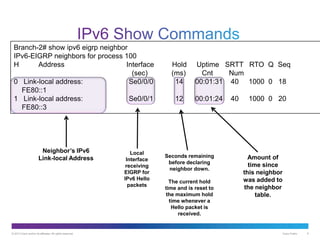 © 2013 Cisco and/or its affiliates. All rights reserved. Cisco Public 6
Neighbor’s IPv6
Link-local Address
Local
Interface
receiving
EIGRP for
IPv6 Hello
packets
Seconds remaining
before declaring
neighbor down.
The current hold
time and is reset to
the maximum hold
time whenever a
Hello packet is
received.
Amount of
time since
this neighbor
was added to
the neighbor
table.
Branch-2# show ipv6 eigrp neighbor
IPv6-EIGRP neighbors for process 100
H Address Interface Hold Uptime SRTT RTO Q Seq
(sec) (ms) Cnt Num
0 Link-local address: Se0/0/0 14 00:01:31 40 1000 0 18
FE80::1
1 Link-local address: Se0/0/1 12 00:01:24 40 1000 0 20
FE80::3
 