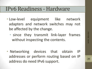 IPv6 Readiness - Hardware
• Low-level equipment like network
adapters and network switches may not
be affected by the change.
• since they transmit link-layer frames
without inspecting the contents.
• Networking devices that obtain IP
addresses or perform routing based on IP
address do need IPv6 support.
SAITM-RSEA2012
29
 