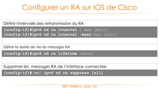 Configurer un RA sur IOS de Cisco
ISET NABEUL | slide 124
Définir l'intervalle des retransmission du RA
(config-if)#ipv6 nd ra interval { max [min]}
(config-if)#ipv6 nd ra interval {msec max [min]}
Définir la durée de vie du messages RA
(config-if)#ipv6 nd ra lifetime <secs>
Supprimer les messages RA de l’interface connectée
(config-if)#[no] ipv6 nd ra suppress [all]
 