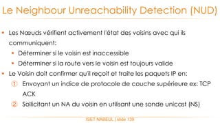  Les Nœuds vérifient activement l'état des voisins avec qui ils
communiquent:
 Déterminer si le voisin est inaccessible
 Déterminer si la route vers le voisin est toujours valide
 Le Voisin doit confirmer qu'il reçoit et traite les paquets IP en:
① Envoyant un indice de protocole de couche supérieure ex: TCP
ACK
② Sollicitant un NA du voisin en utilisant une sonde unicast (NS)
Le Neighbour Unreachability Detection (NUD)
ISET NABEUL | slide 139
 