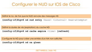 Configurer le NUD sur IOS de Cisco
ISET NABEUL | slide 140
Définir le no. de fois que le NUD renvoie des messages NS
(config-if)#ipv6 nd nud retry <base> <interval> <max-attempts>
Définir la durée de vie (expiration) du cache ND
(config-if)#ipv6 nd cache expire <time> [refresh]
Configurer le ND pour créer une entrée d'un NA non sollicités
(config-if)#ipv6 nd na glean
 