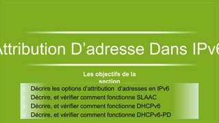 Les objectifs de la
section
⫞ Décrire les options d’attribution d’adresses en IPv6
⫞ Décrire, et vérifier comment fonctionne SLAAC
⫞ Décrire, et vérifier comment fonctionne DHCPv6
⫞ Décrire, et vérifier comment fonctionne DHCPv6-PD
Attribution D’adresse Dans IPv6
 
