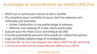  DHCP est un protocole mature et donc familier
 Plus d'options pour contrôler la façon dont les adresses sont
attribuées par exemple:
 Limiter l’attribution à une petite plage d'adresses
 Affecter une adresses IP à des clients particuliers
 Support pour les mises à jour dynamique de DNS
 D'autres paramètres peuvent être passés en utilisant les options
 Logs centralisés (dépannage et investigations)
 Certains SEs ne sont pas équipés de clients DHCPv6 (EX: Android)
 L’on ne peut donner de passerelle par défaut aux clients
Avantages et inconvénients du stateful DHCPv6
ISET NABEUL | slide 169
 