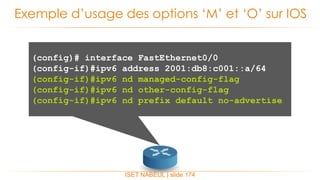 ISET NABEUL | slide 174
Exemple d’usage des options ‘M’ et ‘O’ sur IOS
(config)# interface FastEthernet0/0
(config-if)#ipv6 address 2001:db8:c001::a/64
(config-if)#ipv6 nd managed-config-flag
(config-if)#ipv6 nd other-config-flag
(config-if)#ipv6 nd prefix default no-advertise
 