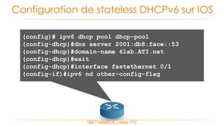ISET NABEUL | slide 175
Configuration de stateless DHCPv6 sur IOS
(config)# ipv6 dhcp pool dhcp-pool
(config-dhcp)#dns server 2001:db8:face::53
(config-dhcp)#domain-name 6lab.ATI.net
(config-dhcp)#exit
(config-dhcp)#interface fastethernet 0/1
(config-if)#ipv6 nd other-config-flag
 