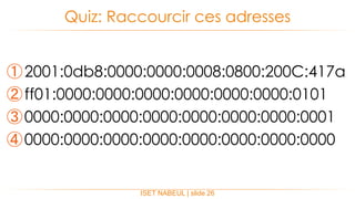 ①2001:0db8:0000:0000:0008:0800:200C:417a
②ff01:0000:0000:0000:0000:0000:0000:0101
③0000:0000:0000:0000:0000:0000:0000:0001
④0000:0000:0000:0000:0000:0000:0000:0000
Quiz: Raccourcir ces adresses
ISET NABEUL | slide 26
 