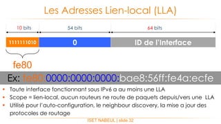  Toute interface fonctionnant sous IPv6 a au moins une LLA
 Scope = lien-local, aucun routeurs ne route de paquets depuis/vers une LLA
 Utilisé pour l’auto-configuration, le neighbour discovery, la mise a jour des
protocoles de routage
Les Adresses Lien-local (LLA)
ISET NABEUL | slide 32
01111111010 ID de l’Interface
10 bits 64 bits54 bits
Ex: fe80:0000:0000:0000:bae8:56ff:fe4a:ecfe
fe80
 