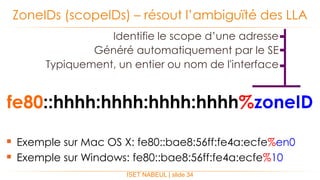 fe80::hhhh:hhhh:hhhh:hhhh%zoneID
ZoneIDs (scopeIDs) – résout l’ambiguïté des LLA
ISET NABEUL | slide 34
Identifie le scope d’une adresse
Généré automatiquement par le SE
Typiquement, un entier ou nom de l'interface
 Exemple sur Mac OS X: fe80::bae8:56ff:fe4a:ecfe%en0
 Exemple sur Windows: fe80::bae8:56ff:fe4a:ecfe%10
 