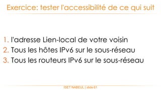 1. l'adresse Lien-local de votre voisin
2. Tous les hôtes IPv6 sur le sous-réseau
3. Tous les routeurs IPv6 sur le sous-réseau
Exercice: tester l'accessibilité de ce qui suit
ISET NABEUL | slide 61
 
