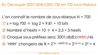 L’on connaît le nombre de sous-réseaux N = 700
① s = log 700 ÷ log 2 = 9.81 ≈ 10 bits
② Nombre d’hexits = 10 ÷ 4 = 2.5 ≈ 3 hexits
③ Chaque sous-préfixes sera: 2001:db8:cHHH::/46
④ ‘HHH’ changera de B = 216 – (46%16) = 216-14 = 22 = 4
Ex: Découper 2001:db8:c000::/36 en 700 sous-réseaux
ISET NABEUL | slide 73
 