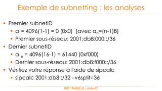  Premier subnetID
 a1= 4096(1-1) = 0 (0x0) [avec an=(n-1)B]
 Premier sous-réseau: 2001:db8:000::/36
 Dernier subnetID
 a16 = 4096(16-1) = 61440 (0xf000)
 Dernier sous-réseau: 2001:db8:f000::/36
 Vérifiez votre réponse à l'aide de sipcalc
 sipcalc 2001:db8::/32 –v6split=36
Exemple de subnetting : les analyses
ISET NABEUL | slide 82
 