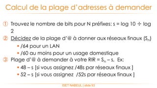 ① Trouvez le nombre de bits pour N préfixes: s = log 10 ÷ log
2
② Décidez de la plage d’@ à donner aux réseaux finaux (Sn)
 /64 pour un LAN
 /60 au moins pour un usage domestique
③ Plage d’@ à demander à votre RIR = Sn – s, Ex:
 48 – s [si vous assignez /48s par réseaux finaux ]
 52 – s [si vous assignez /52s par réseaux finaux ]
Calcul de la plage d’adresses à demander
ISET NABEUL | slide 93
 