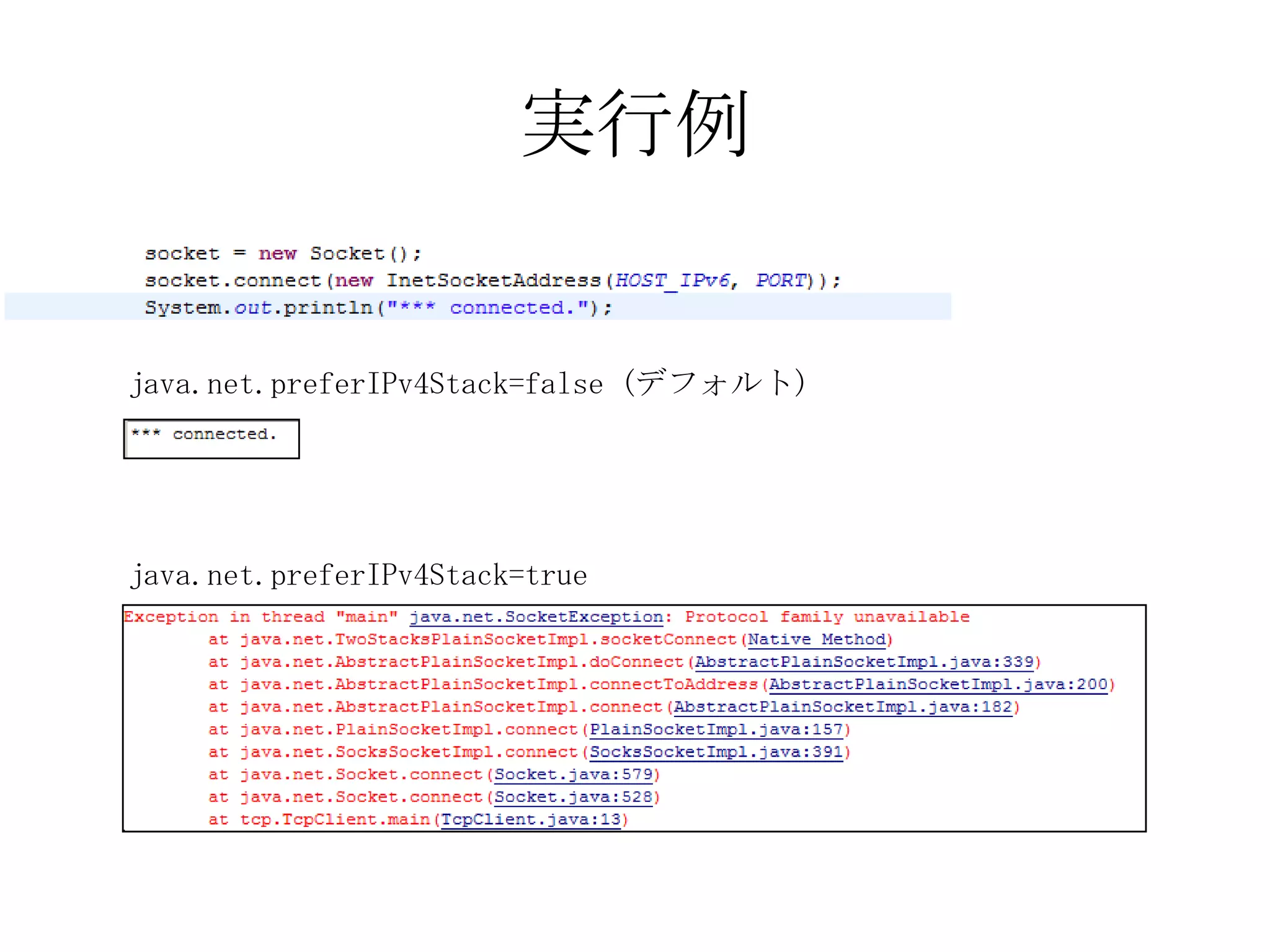 実行例
java.net.preferIPv4Stack=false (デフォルト)
java.net.preferIPv4Stack=true
 