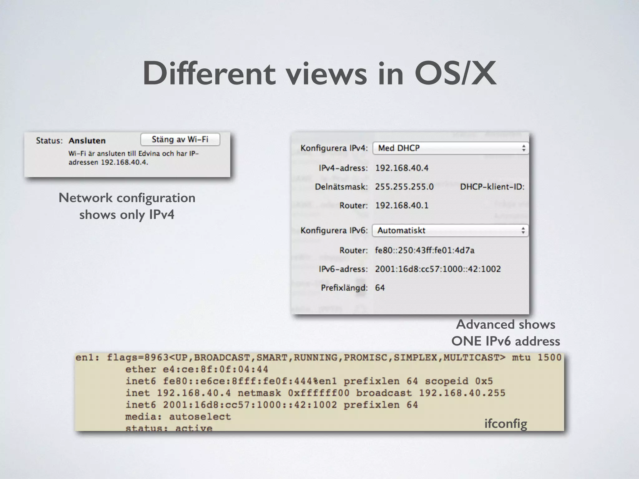 Different views in OS/X
Network conﬁguration
shows only IPv4
Advanced shows 
ONE IPv6 address
ifconﬁg
 
