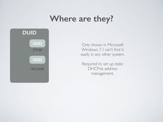 Where are they?
DUID
IAID
IAID
ETH0
WLAN0
Only shown in Microsoft 
Windows 7. I can’t ﬁnd it 
easily in any other system.	...