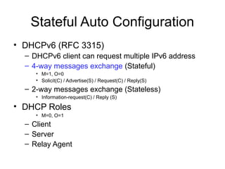 Stateful Auto Configuration
• DHCPv6 (RFC 3315)
– DHCPv6 client can request multiple IPv6 address
– 4-way messages exchange (Stateful)
• M=1, O=0
• Solicit(C) / Advertise(S) / Request(C) / Reply(S)
– 2-way messages exchange (Stateless)
• Information-request(C) / Reply (S)
• DHCP Roles
• M=0, O=1
– Client
– Server
– Relay Agent
 
