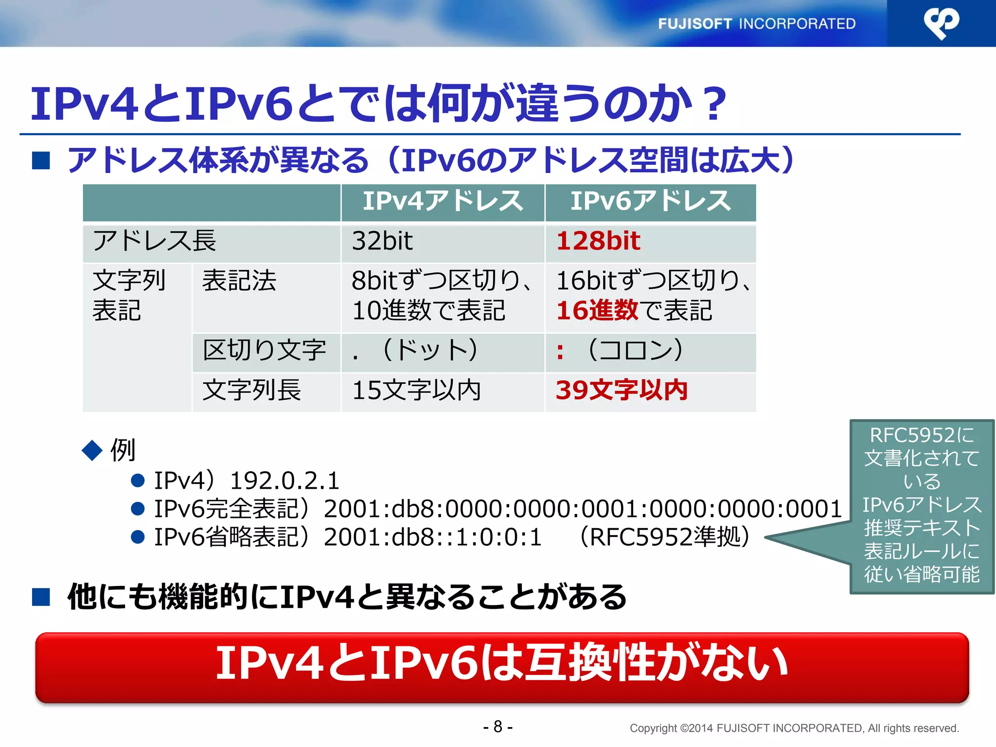 Copyright ©2014 FUJISOFT INCORPORATED, All rights reserved. 
IPv4とIPv6とでは何が違うのか？ 
アドレス体系が異なる（IPv6のアドレス空間は広大） 
例 
IPv4）192.0.2.1 
IPv6完全表記）2001:0db8:0000:0000:0001:0000:0000:0001 
IPv6省略表記）2001:db8::1:0:0:1 （RFC5952準拠） 
他にも機能的にIPv4と異なることがある 
- 8 - 
IPv4とIPv6は互換性がない 
IPv4アドレス 
IPv6アドレス 
アドレス長 
32bit 
128bit 
文字列 表記 
表記法 
8bitずつ区切り、 10進数で表記 
16bitずつ区切り、 16進数で表記 
区切り文字 
. （ドット） 
: （コロン） 
文字列長 
15文字以内 
39文字以内 
RFC5952に 文書化されて いる IPv6アドレス 推奨テキスト 表記ルールに 従い省略可能  
