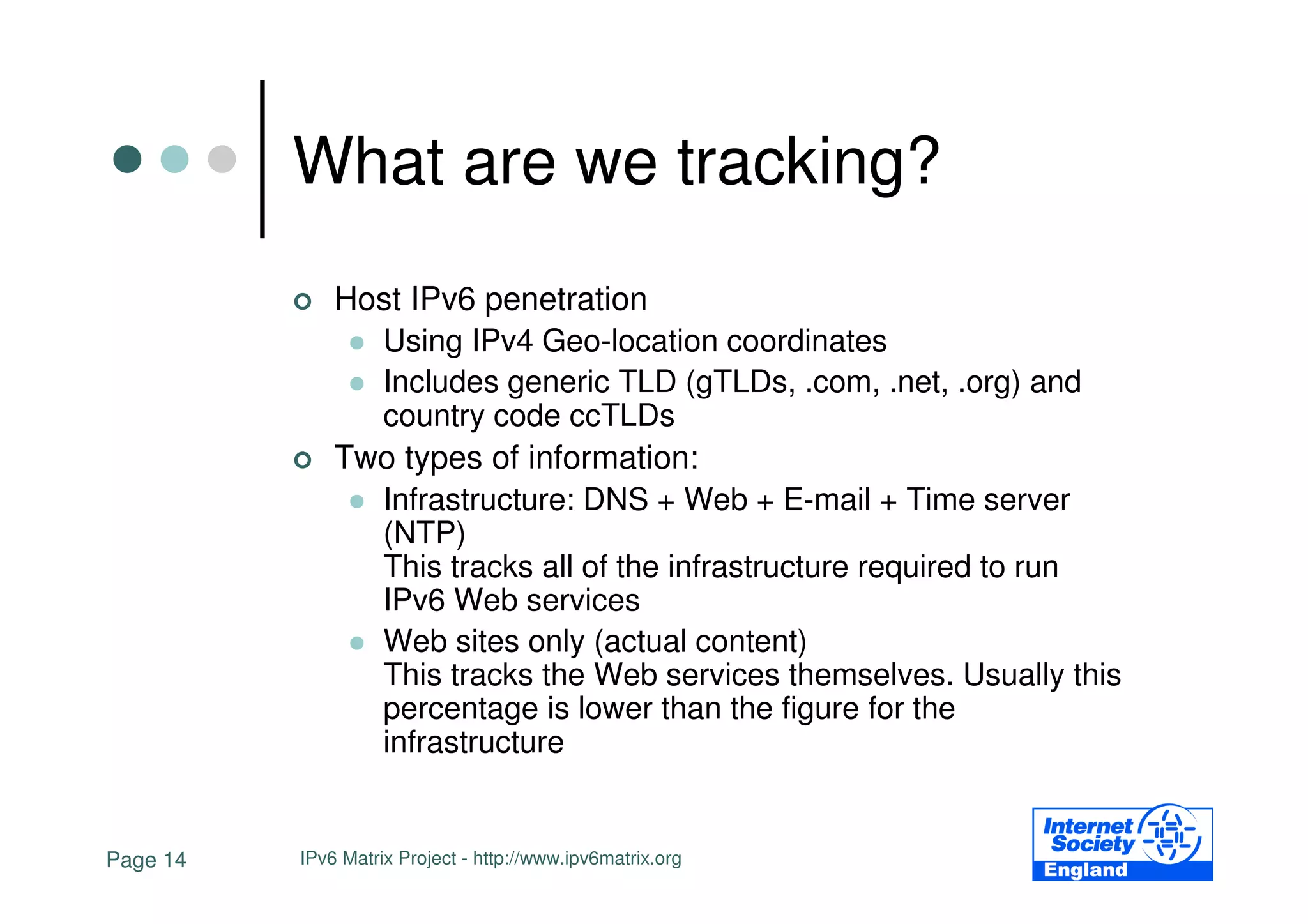 What are we tracking?
              Host IPv6 penetration
                Using IPv4 Geo-location coordinates
                Includes generic TLD (gTLDs, .com, .net, .org) and
                country code ccTLDs
              Two types of information:
                Infrastructure: DNS + Web + E-mail + Time server
                (NTP)
                This tracks all of the infrastructure required to run
                IPv6 Web services
                Web sites only (actual content)
                This tracks the Web services themselves. Usually this
                percentage is lower than the figure for the
                infrastructure


Page 14   IPv6 Matrix Project - http://www.ipv6matrix.org
 