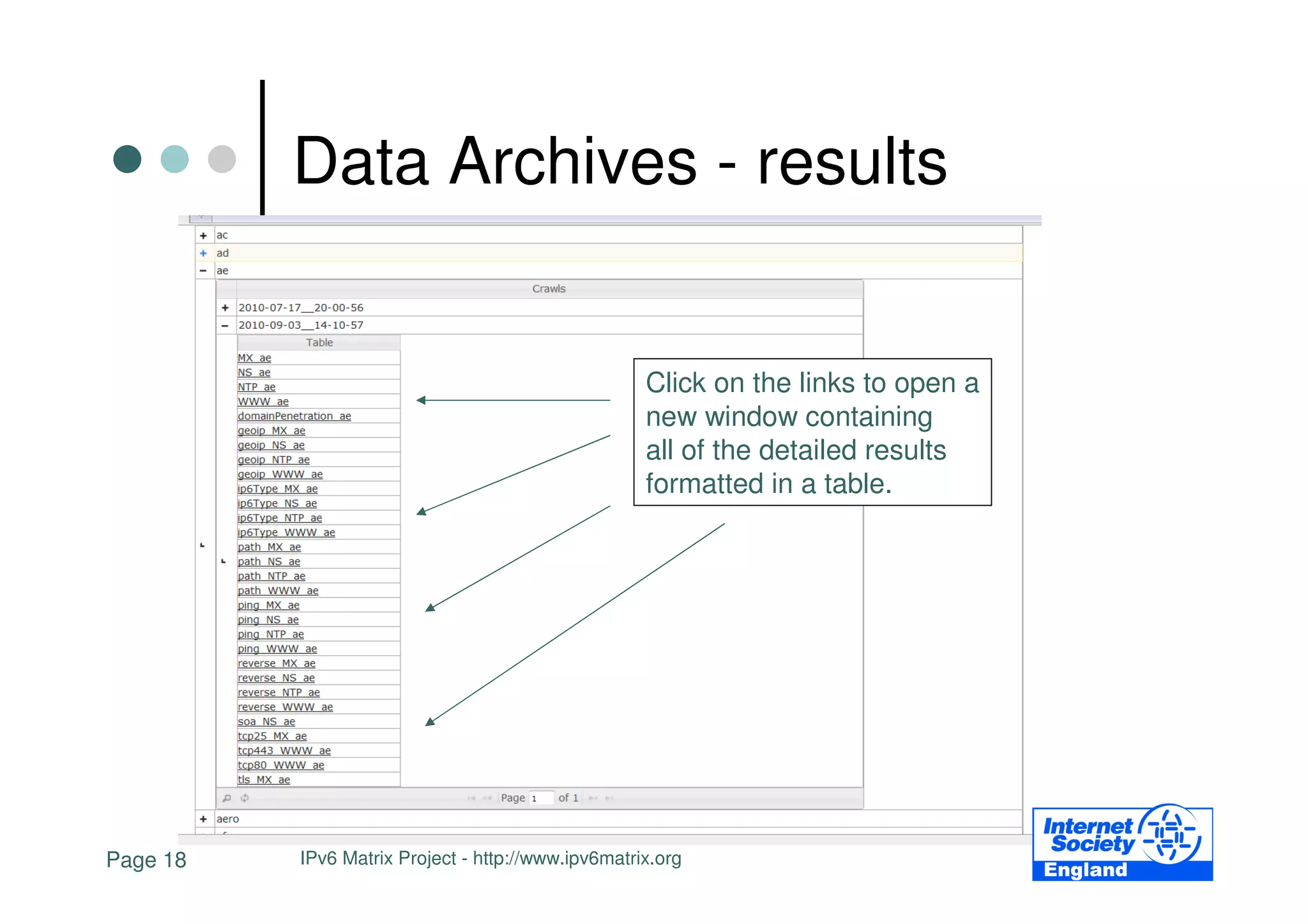 Data Archives - results


                                                    Click on the links to open a
                                                    new window containing
                                                    all of the detailed results
                                                    formatted in a table.




Page 18   IPv6 Matrix Project - http://www.ipv6matrix.org
 