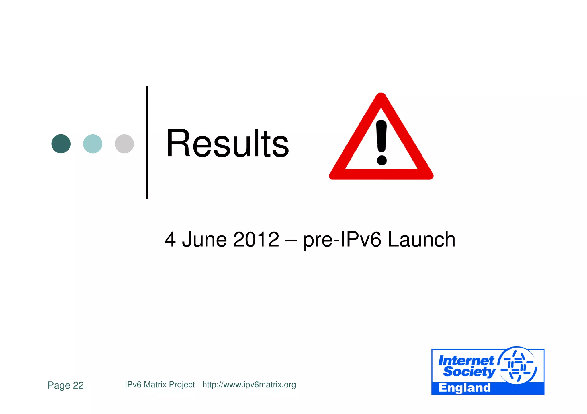 Results

                    4 June 2012 – pre-IPv6 Launch




Page 22   IPv6 Matrix Project - http://www.ipv6matrix.org
 