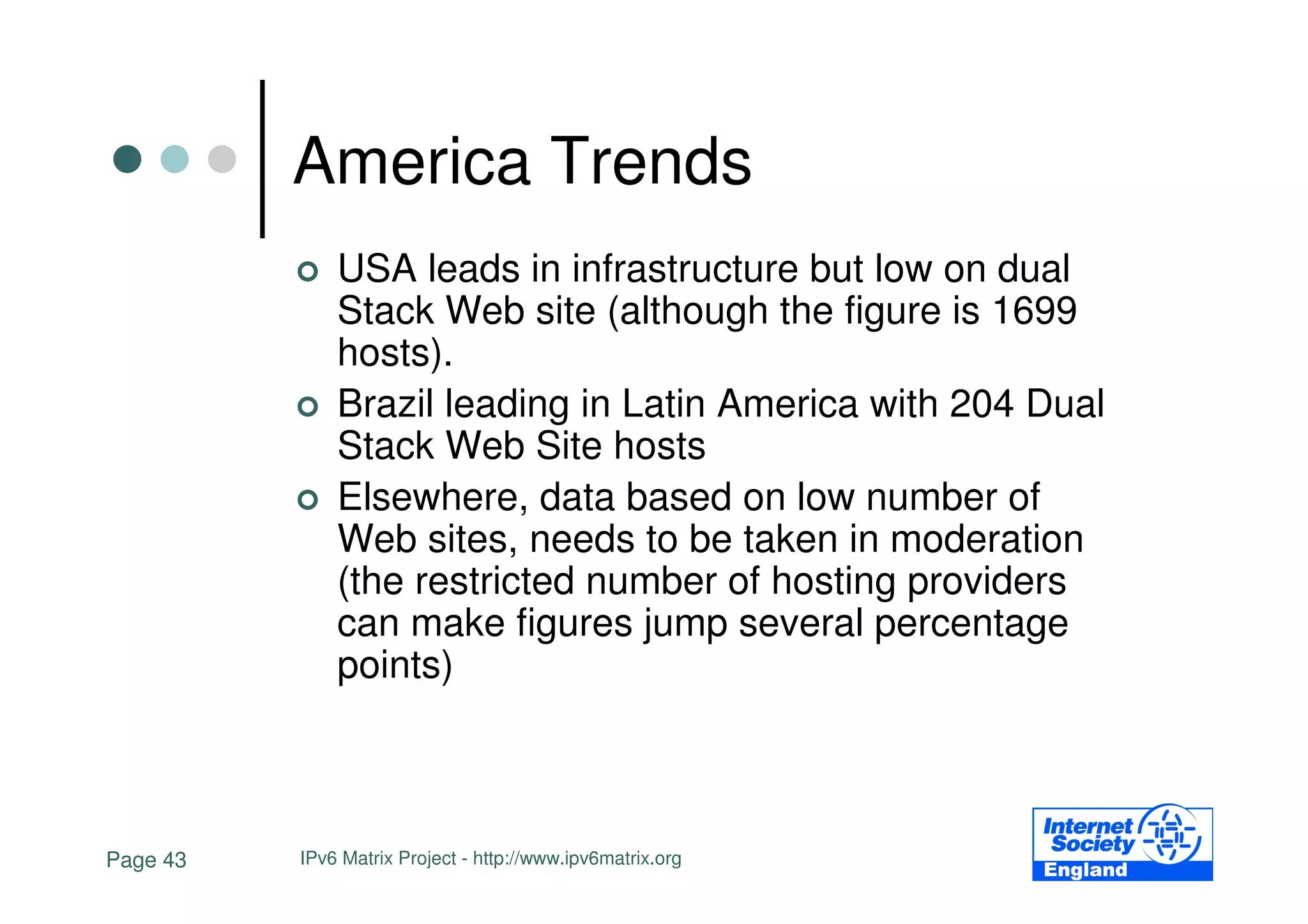 America Trends
              USA leads in infrastructure but low on dual
              Stack Web site (although the figure is 1699
              hosts).
              Brazil leading in Latin America with 204 Dual
              Stack Web Site hosts
              Elsewhere, data based on low number of
              Web sites, needs to be taken in moderation
              (the restricted number of hosting providers
              can make figures jump several percentage
              points)



Page 43   IPv6 Matrix Project - http://www.ipv6matrix.org
 